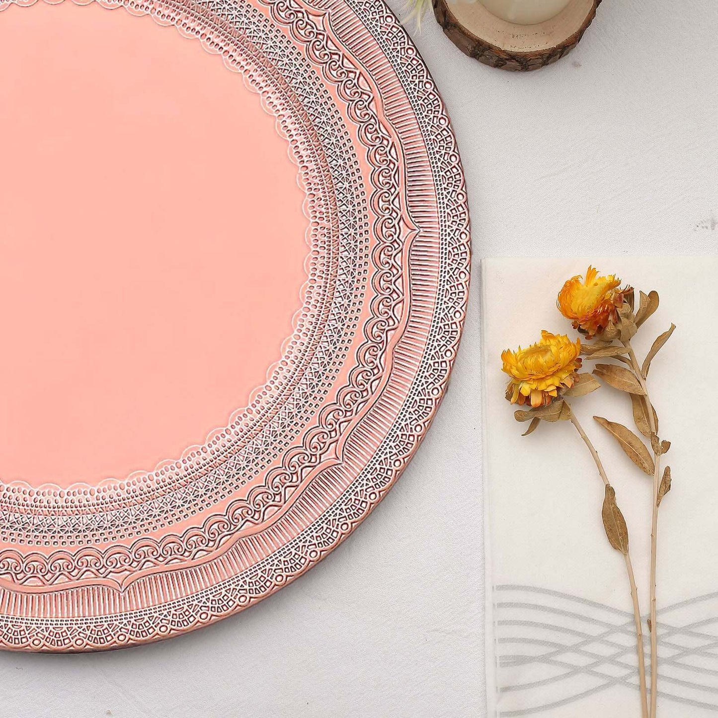 6-Pack Acrylic Round Charger Plates 13" in Rose Gold with Lace Embossed Rim, Rustic Plastic Decorative Charger Tableware