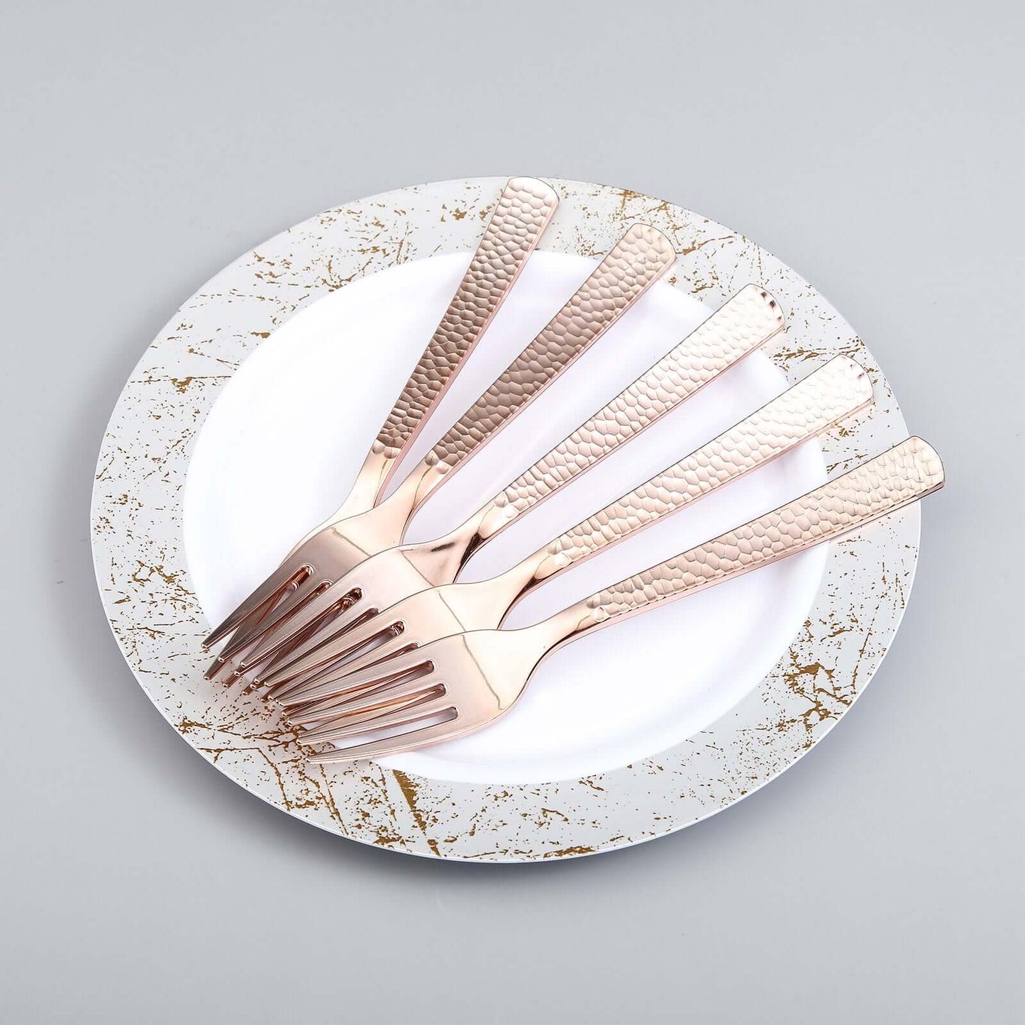 24-Pack Plastic Forks with Hammered Style Rose Gold - Heavy Duty Disposable Silverware 7"