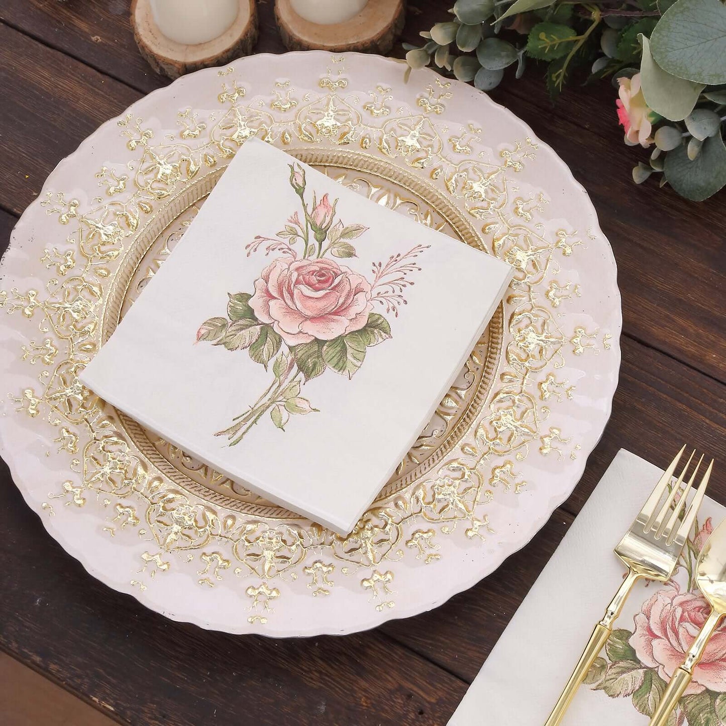 20-Pack Paper Beverage Napkins with Pink Floral Design Ivory - 2 Ply Soft 18GSM Rose Garden Wedding Napkins 6.5"x6.5"