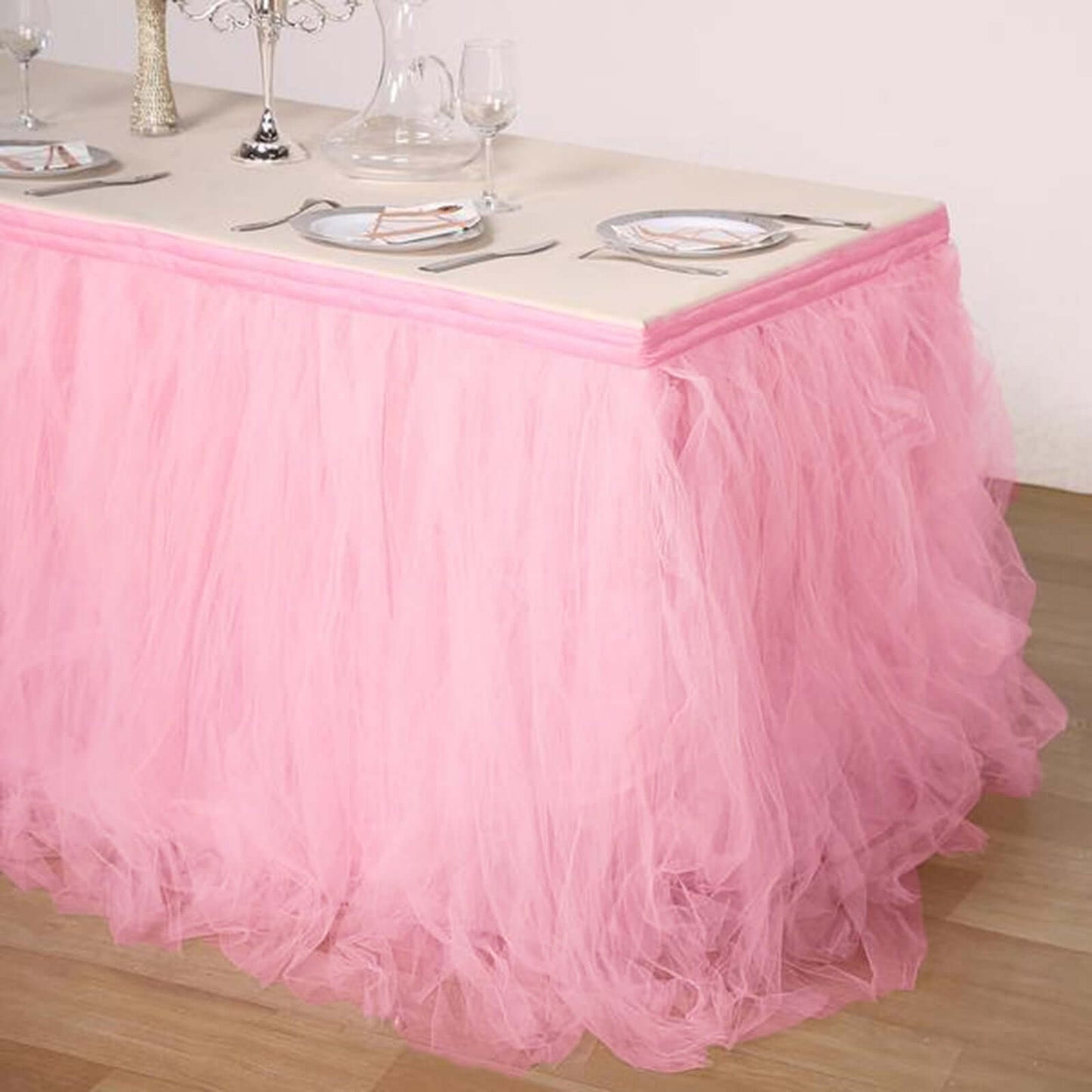 Tulle 17ft Table Skirt Pink/Rose Quartz - 4 Layer Pleated Tutu Table Cover