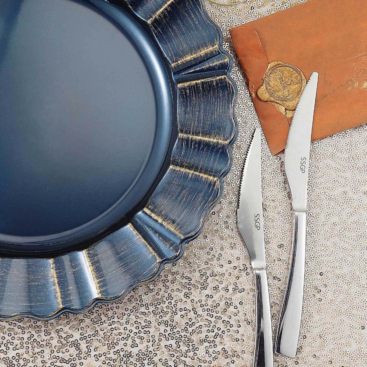 6-Pack Acrylic Plastic Round Charger Plates 13" in Navy Blue with Gold Brushed Wavy Scalloped Rim, Decorative Dinner Party Charger Tableware