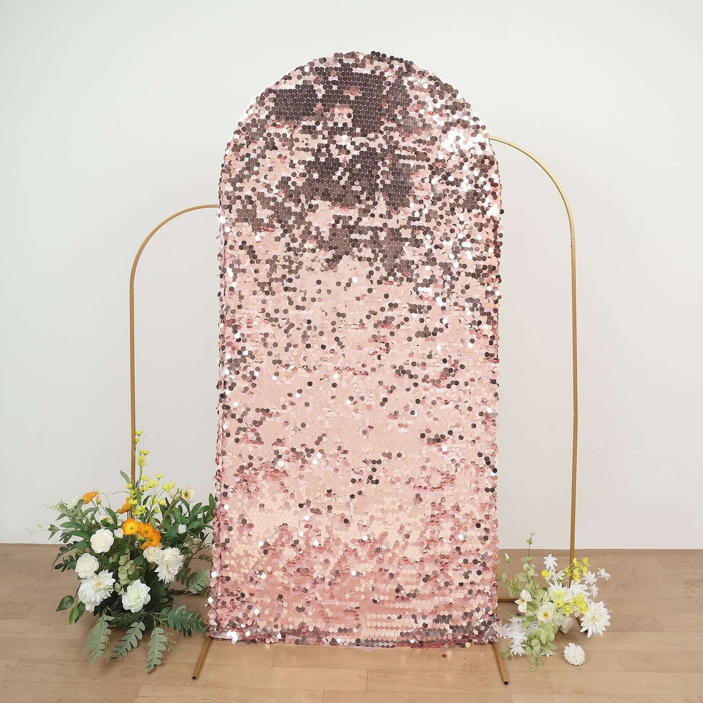 7ft Sparkly Rose Gold Double Sided Big Payette Sequin Chiara Backdrop Stand Cover For Fitted Round Top Wedding Arch