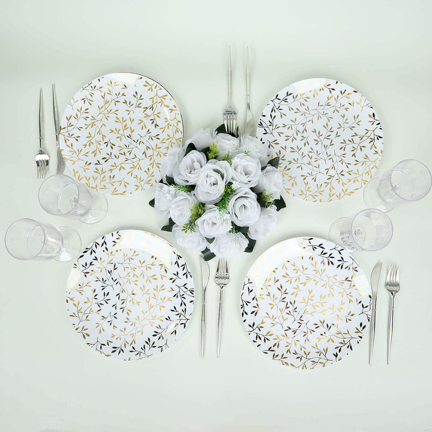10-Pack Plastic 8" Round Salad Dessert Plates in White with Gold Leaf Design - Heavy Duty Disposable Party Plates for Stylish Events & Memorable Gatherings