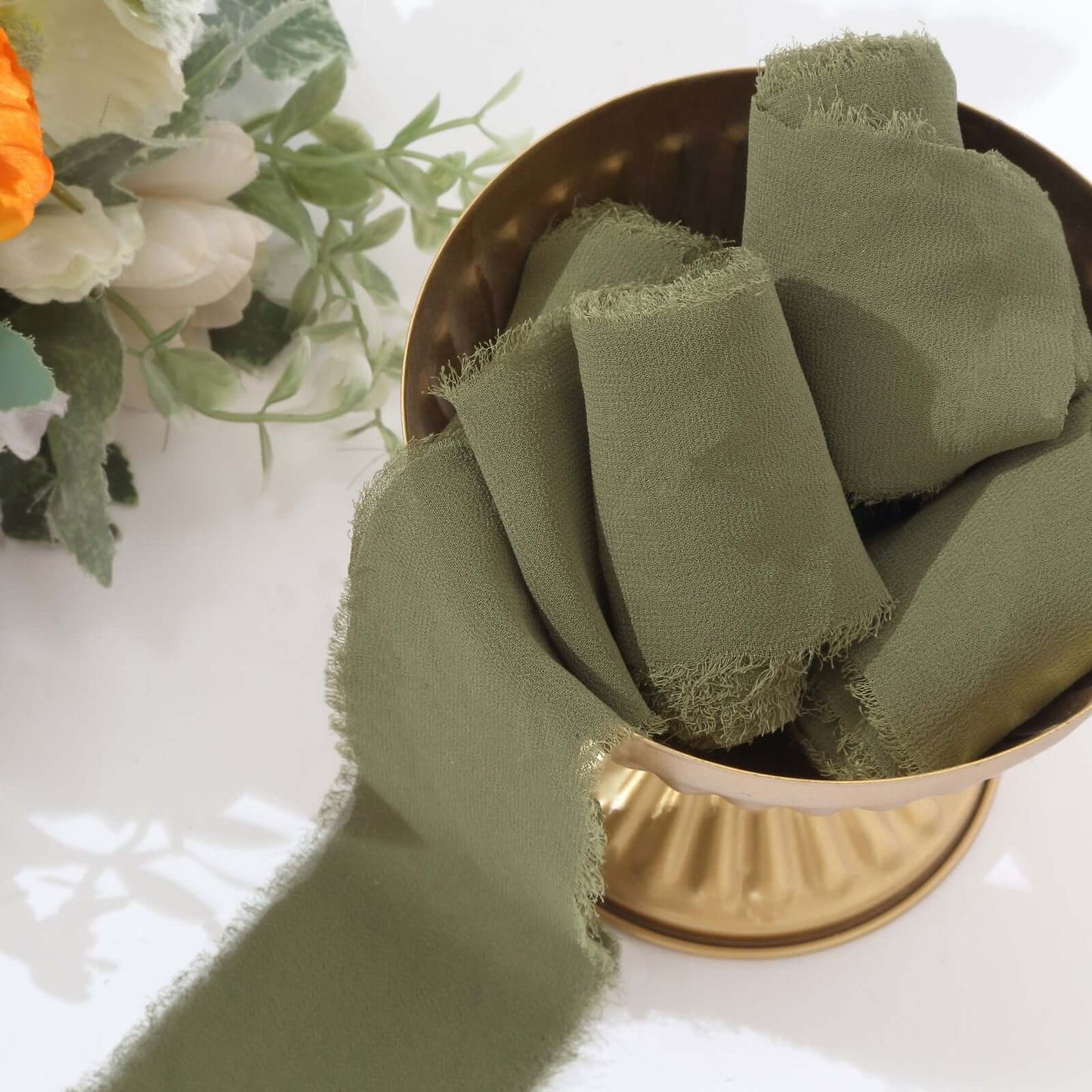 2 Pack 6yds Dusty Sage Green Silk-Like Chiffon Ribbon Roll, DIY Wedding Bouquet Linen Wrap