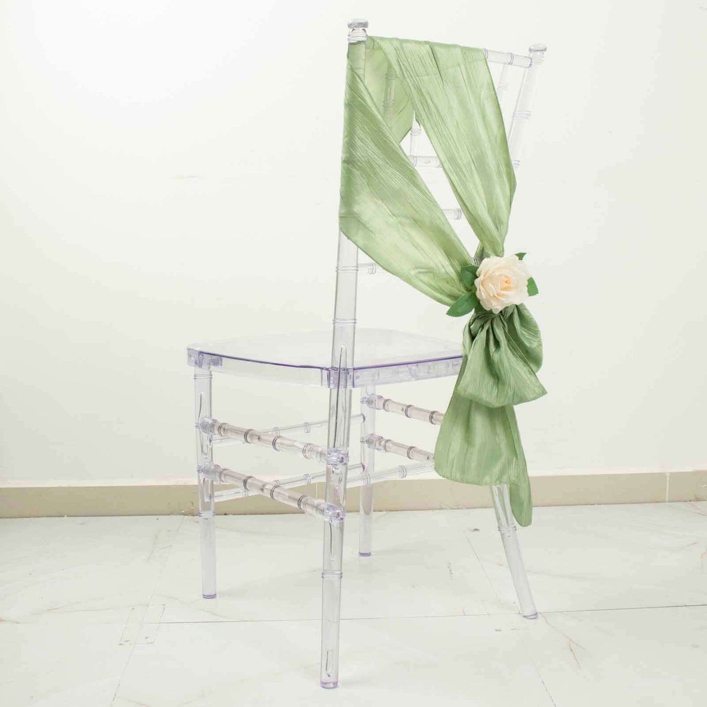 5 Pack Taffeta 6"x106" Chair Sashes Sage Green Accordion Crinkle Texture - Stylish Decor for Weddings & Gatherings
