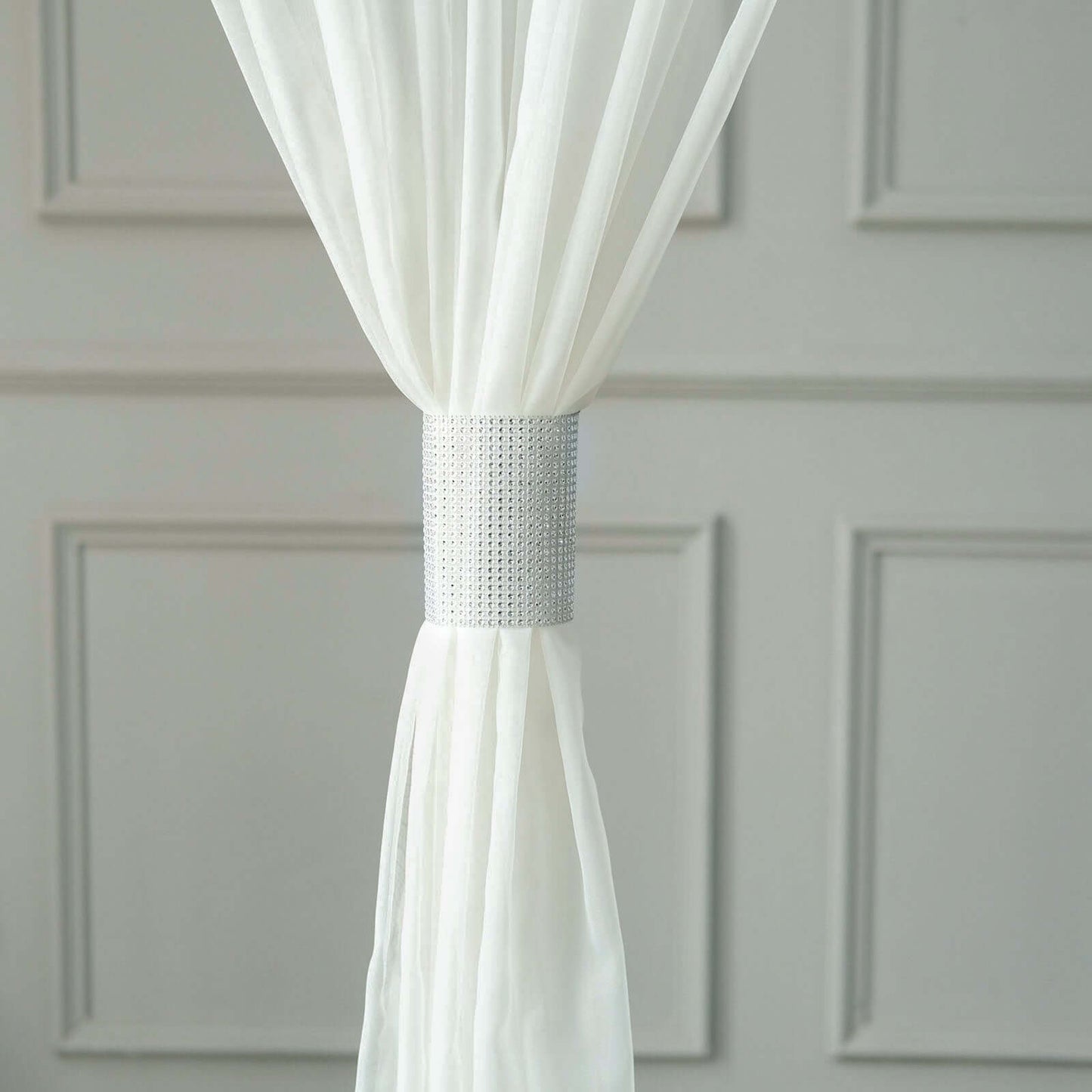 4 Pack Silver Rhinestone Mesh Velcro Backdrop Curtain Bands, Large Chair Sash Clip Tie Backs - 5"X10"