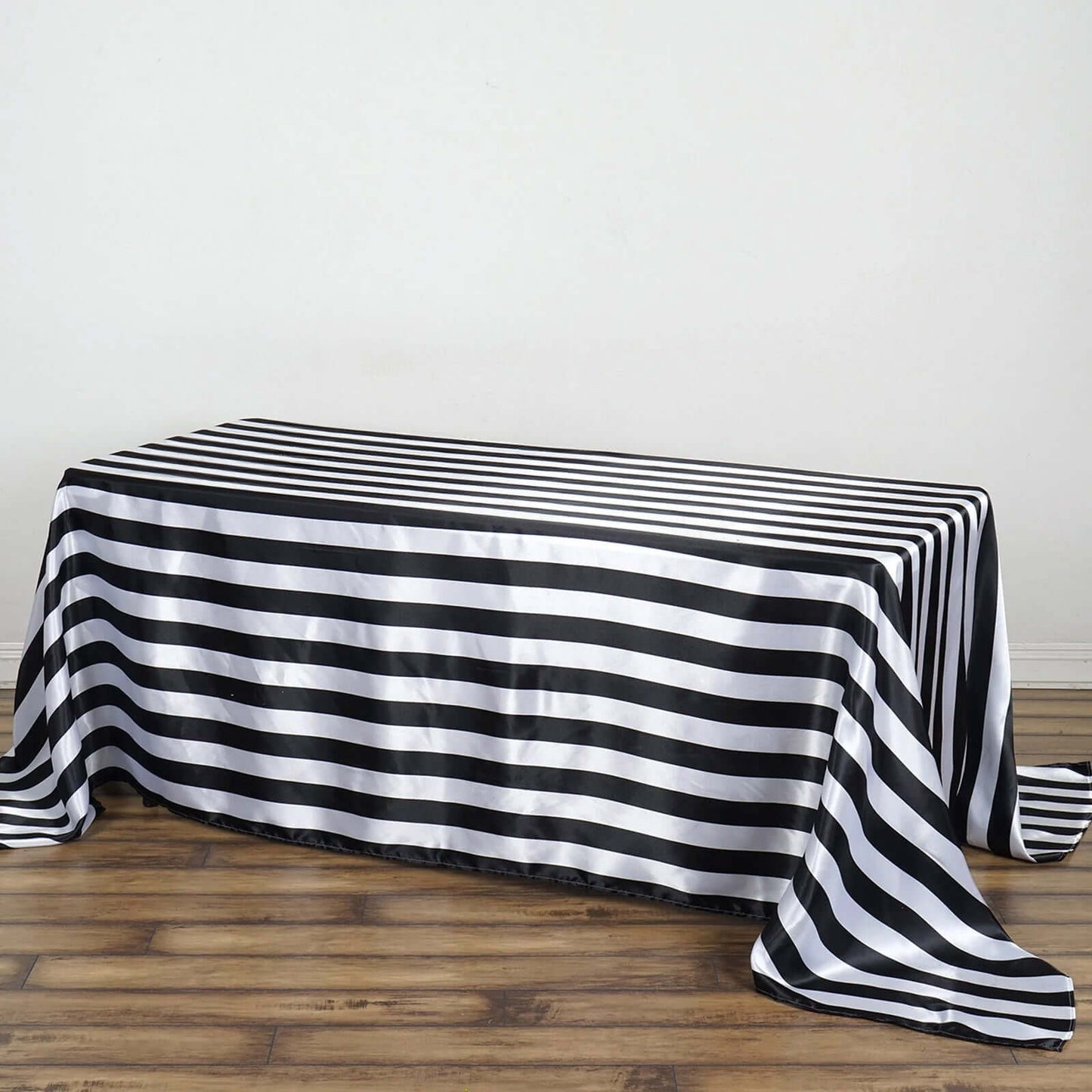 Satin 90"x132" Rectangle Tablecloth Black/White - Stripe Design with Seamless Silky Smooth Finish for Modern Celebrations