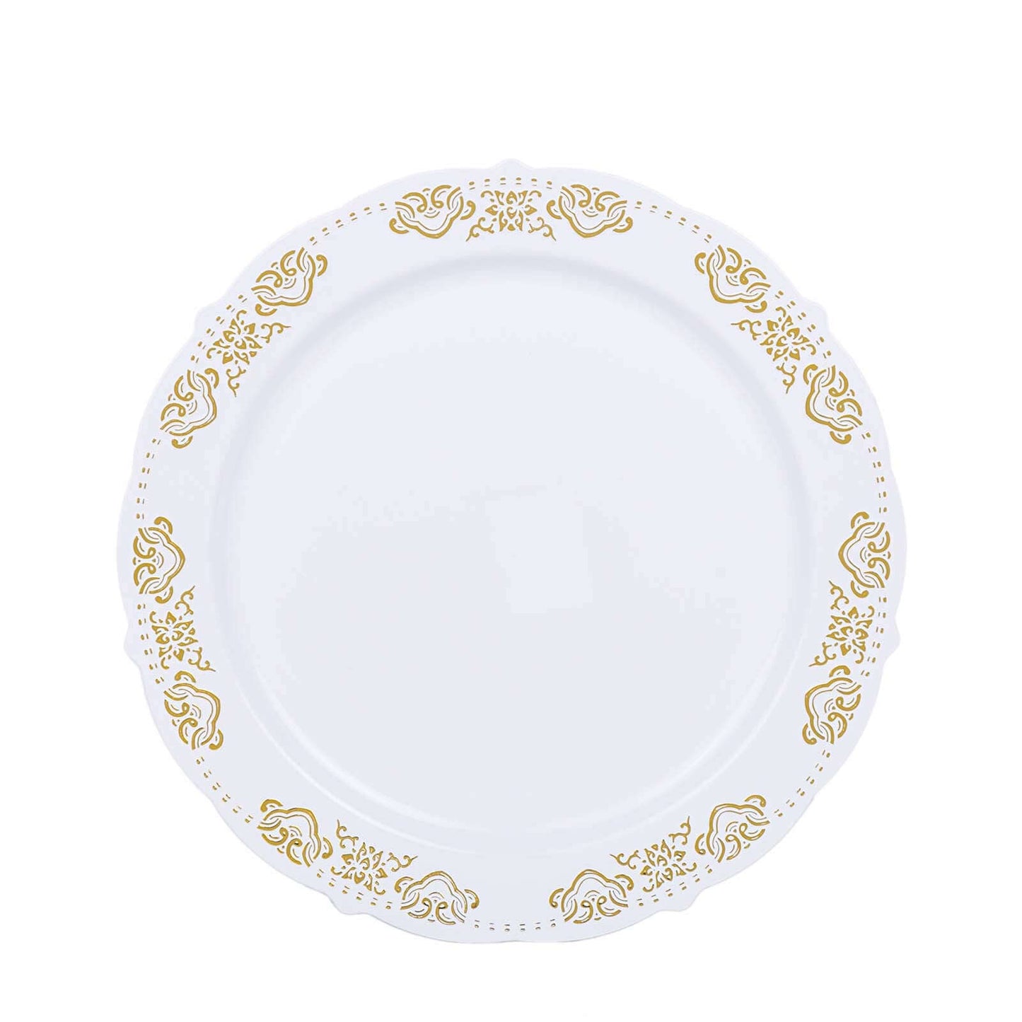 10-Pack Plastic 10" Round Dinner Plates in White with Gold Embossed Scalloped Edge - Chic Disposable Party Plates for Special Occasions & Banquets