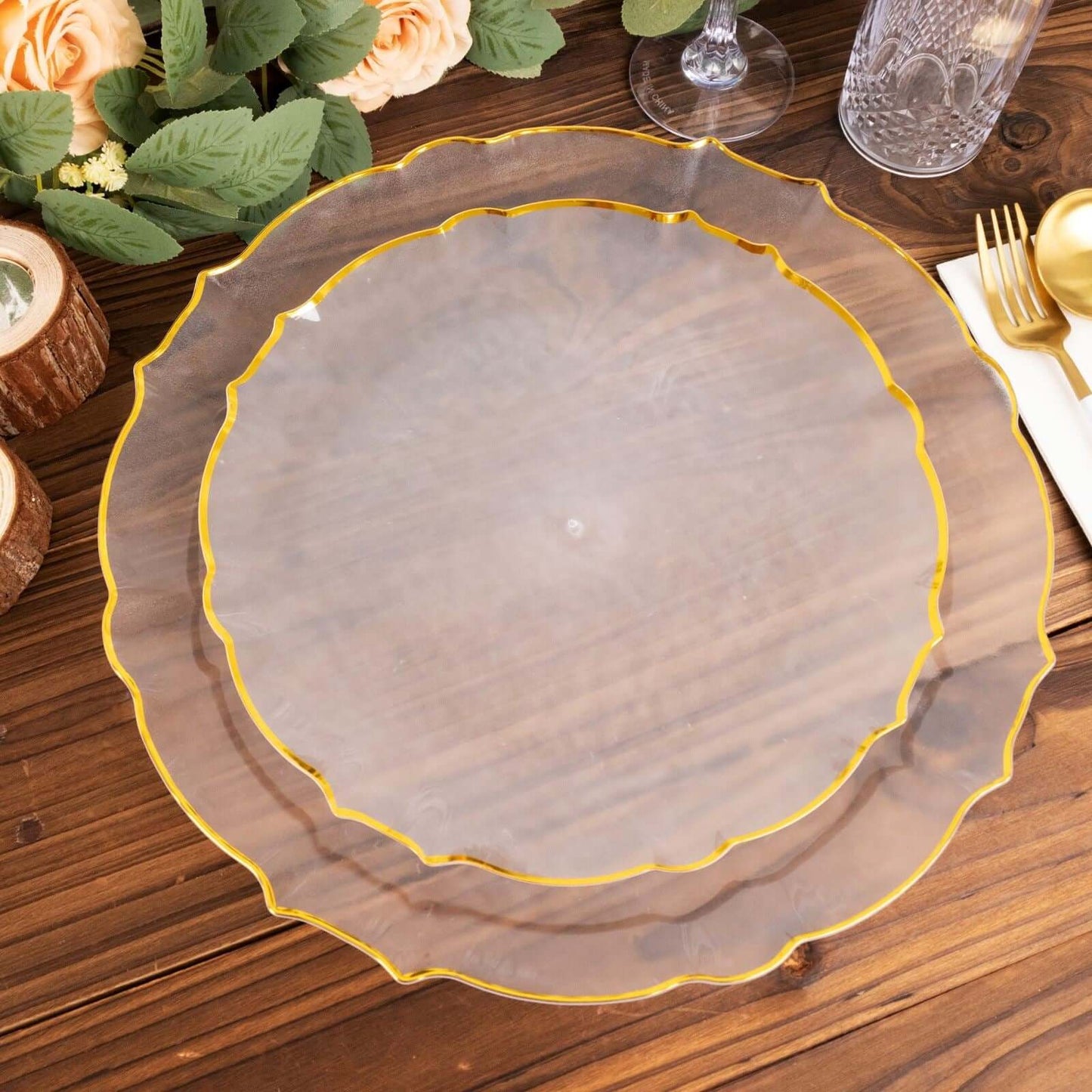 10-Pack Plastic 10" Round Dinner Plates in Clear Sunflower with Gold Scalloped Rim - Disposable Party Plates for Classy Events & Banquets