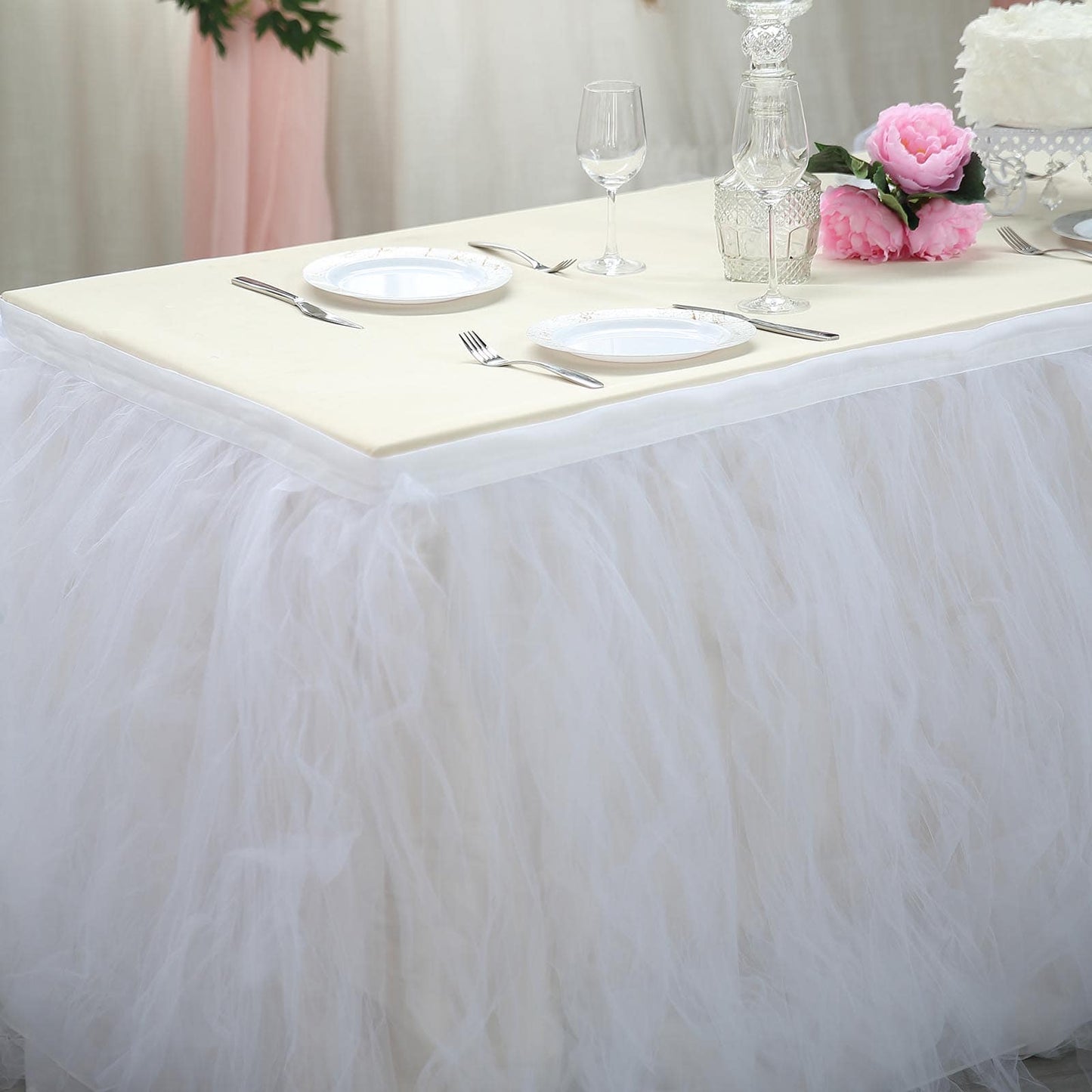 Tulle 21ft Table Skirt White - 4 Layer Pleated Tutu Chic & Soft Event Table Cover