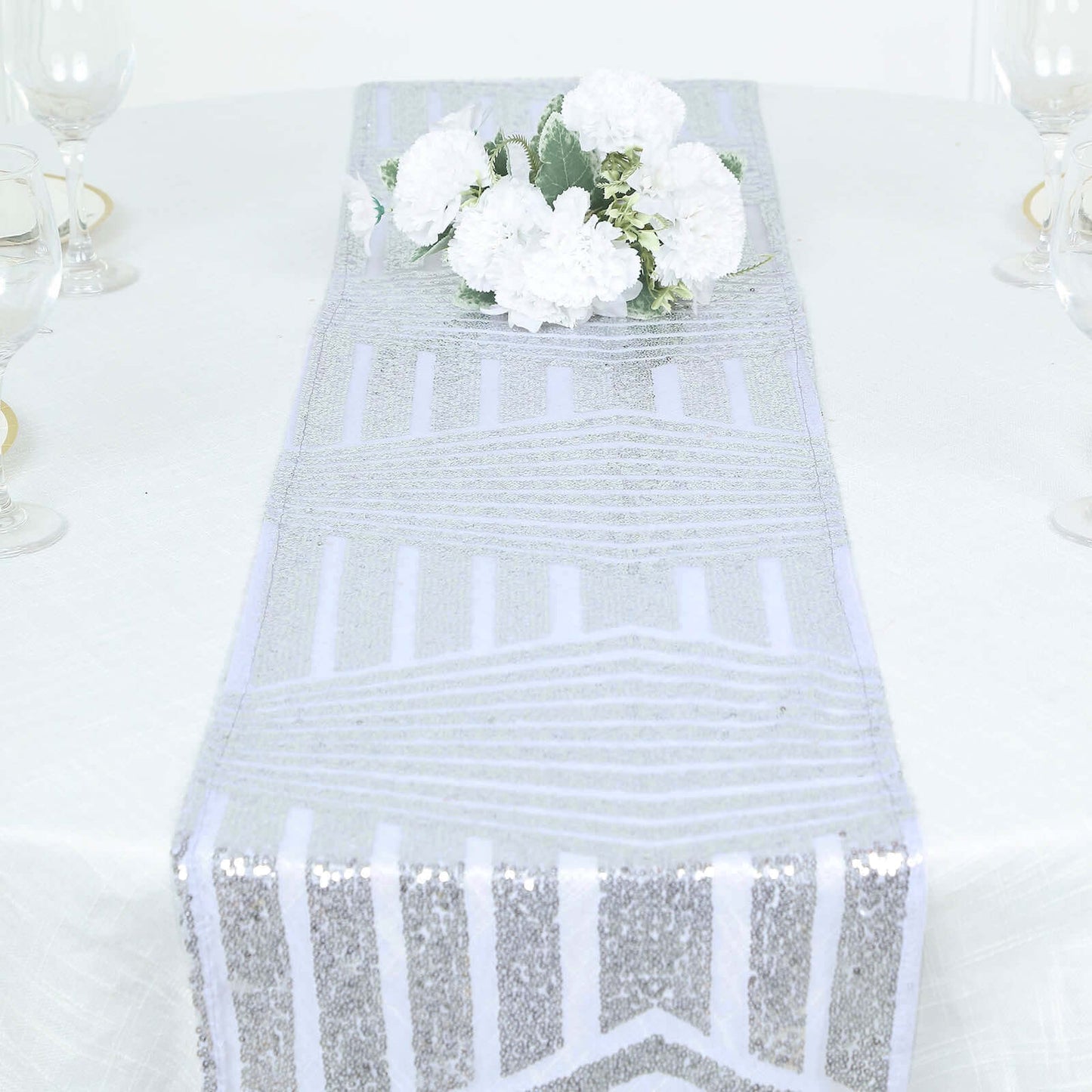 Sequin 12"x108" Table Runner Silver - Diamond Glitz Design