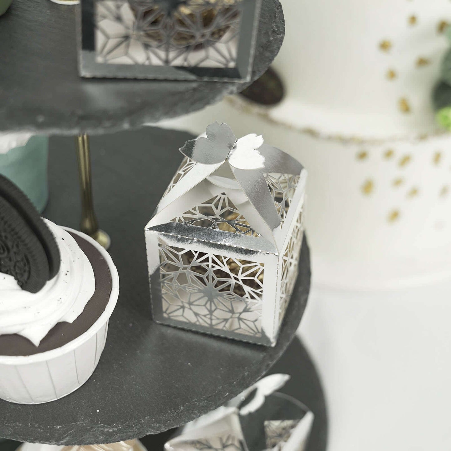 25 Pack Silver Butterfly Top Laser Cut Lace Favor Candy Gift Boxes