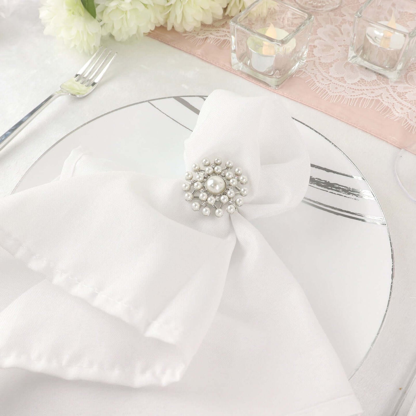 4 Pack Pearl And Diamond Rhinestone Silver Metal Napkin Rings, Decorative Napkin Buckle Holders