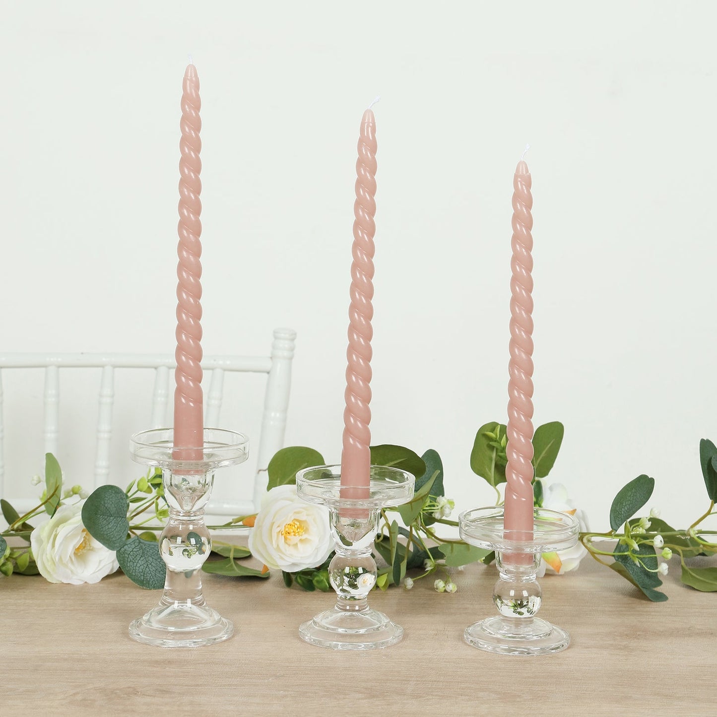 12-Pack Taper Candles Spiral Long Burn Wick Design Dusty Rose - Premium Unscented Wax Dinner Candle Sticks 11"