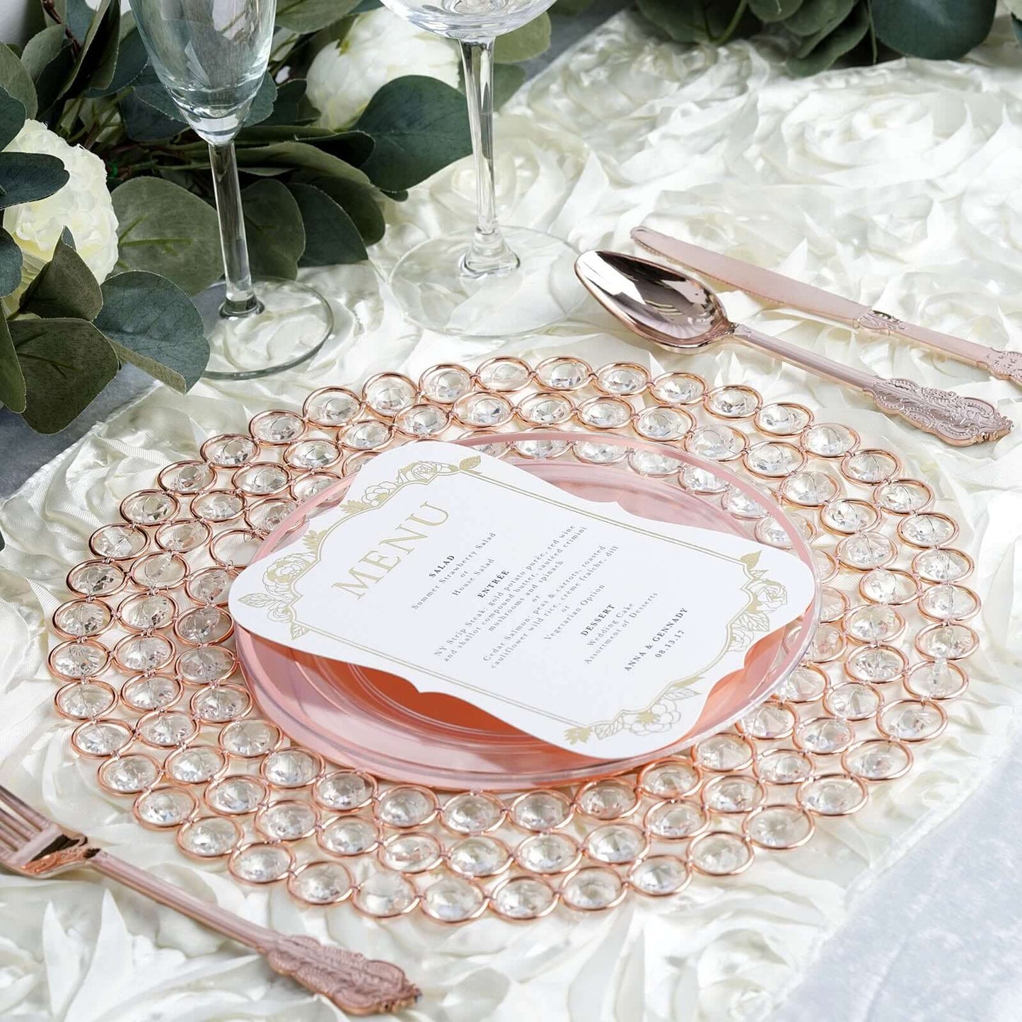 Wired Metal Round Charger Plate 14" in Rose Gold with Acrylic Crystal Beads, Glamorous Decorative Dinner Charger Tableware