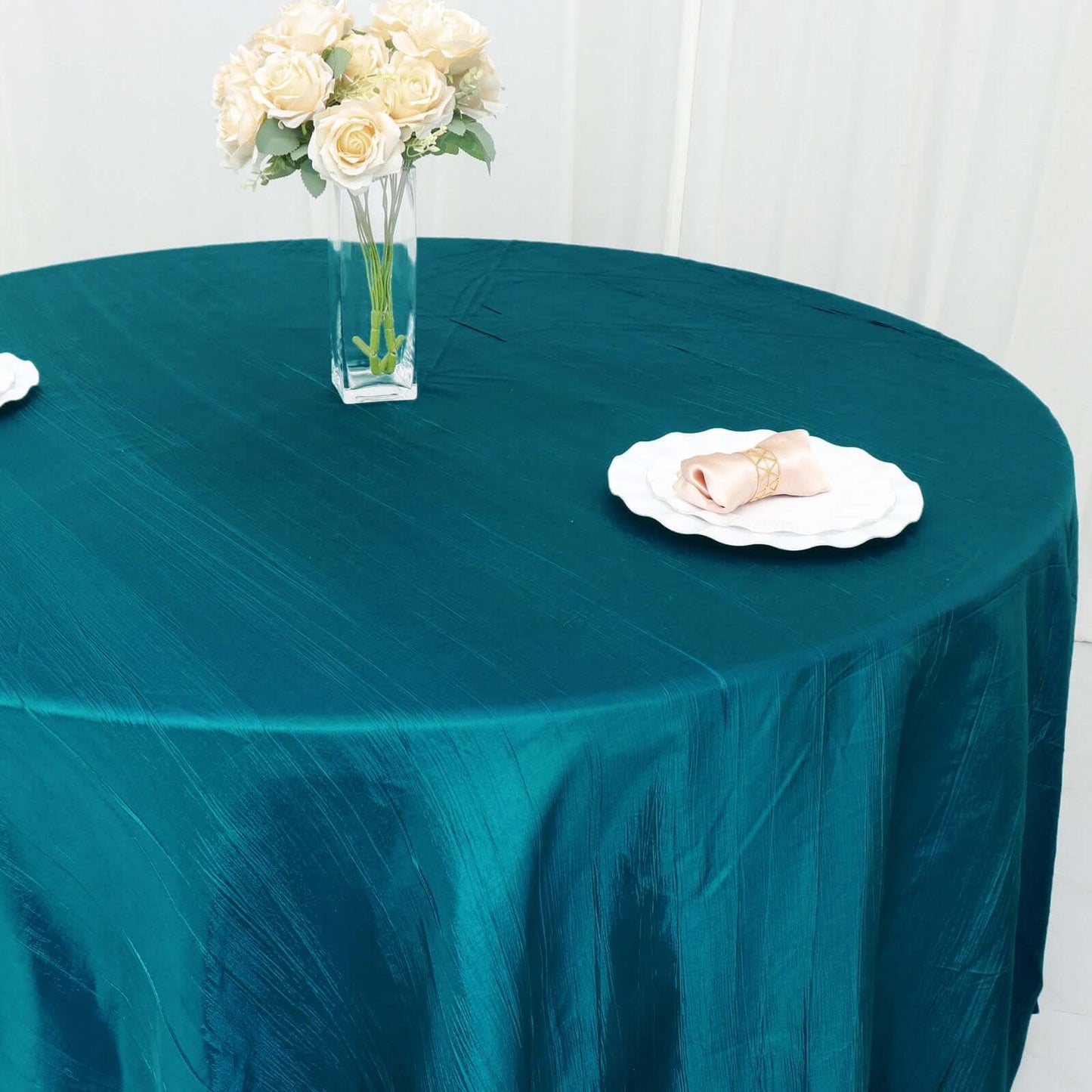 Taffeta 120" Round Tablecloth Teal - Seamless Accordion Crinkle Table Cover