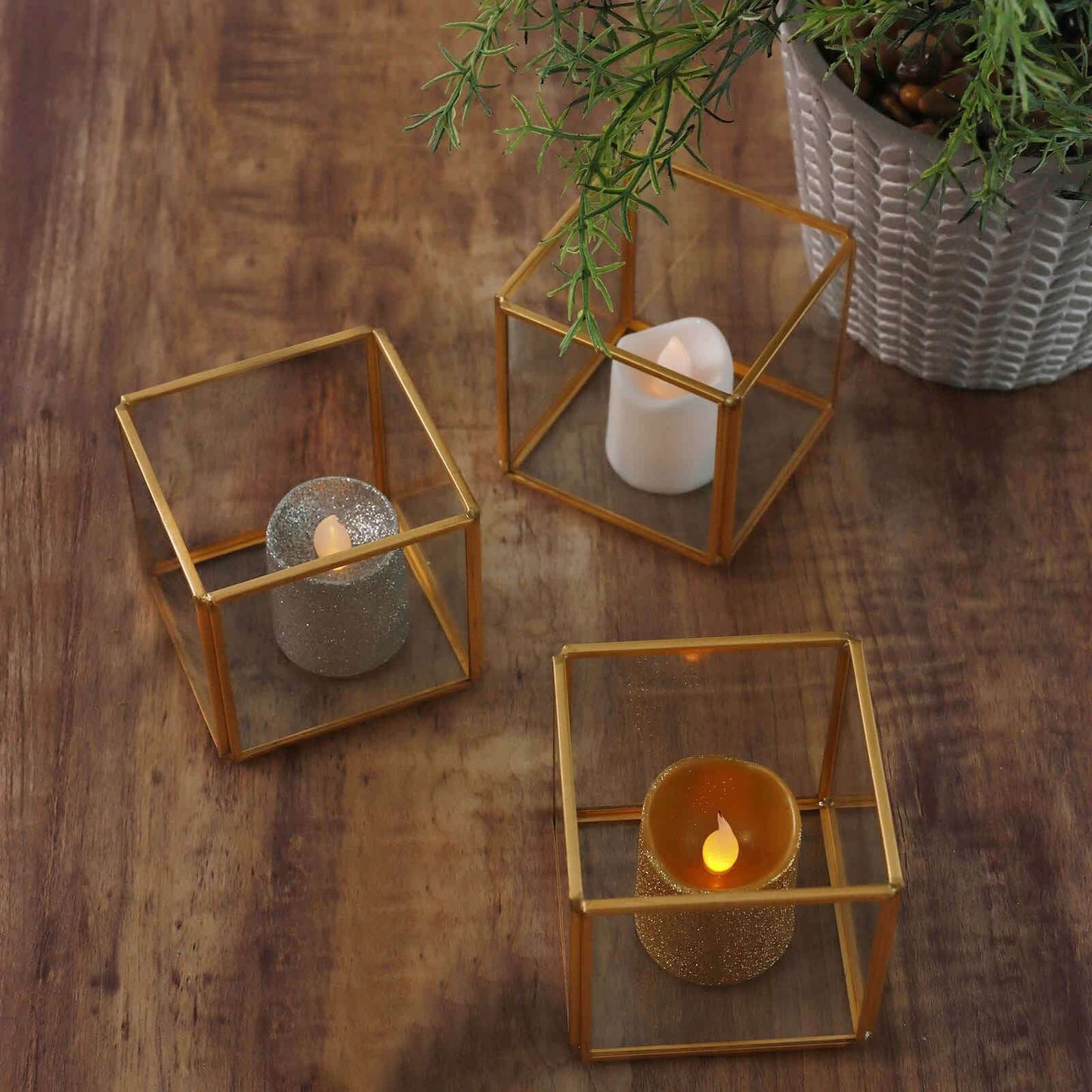 3-Pack Glass Tealight Votive Candle Holders Square Cube Design Clear with Gold Metal Frame - Stackable 3"