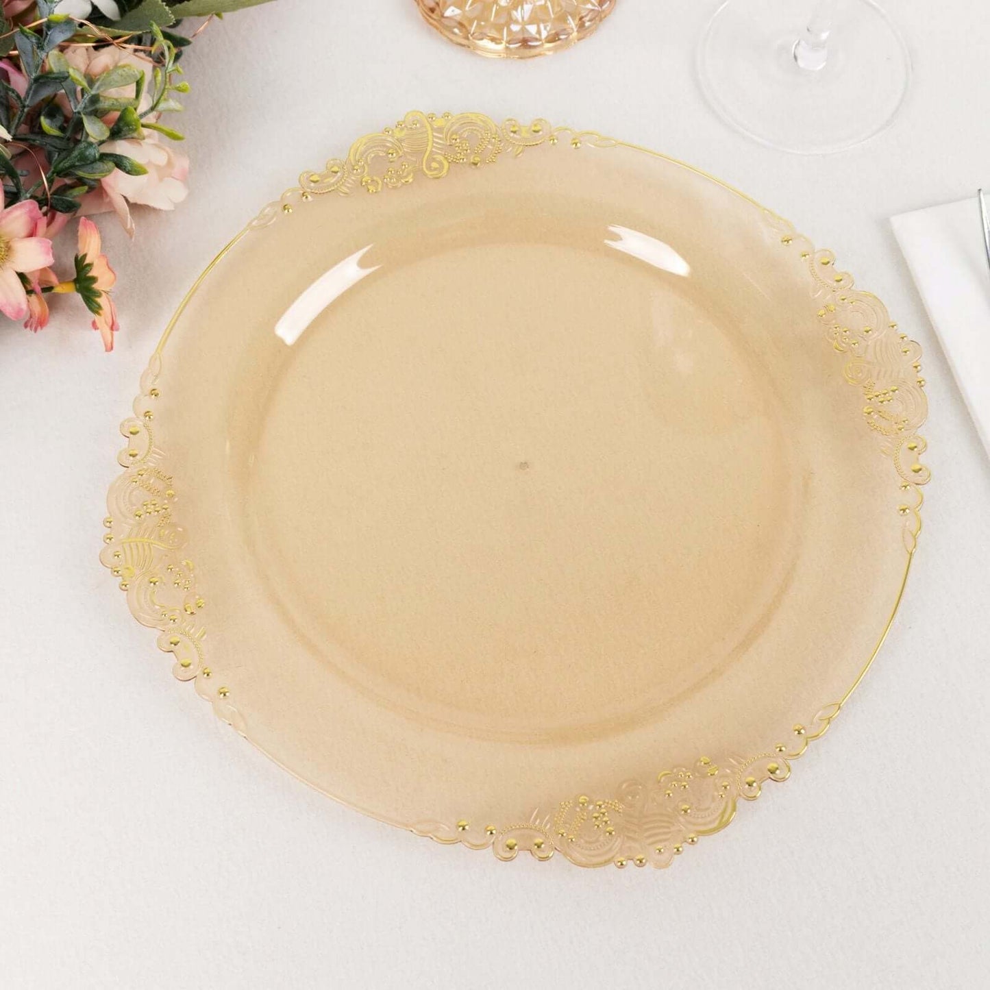 10-Pack Plastic 10" Round Dinner Plates in Transparent Amber Gold with Gold Leaf Embossed Rim - Disposable Vintage Baroque Style Plates