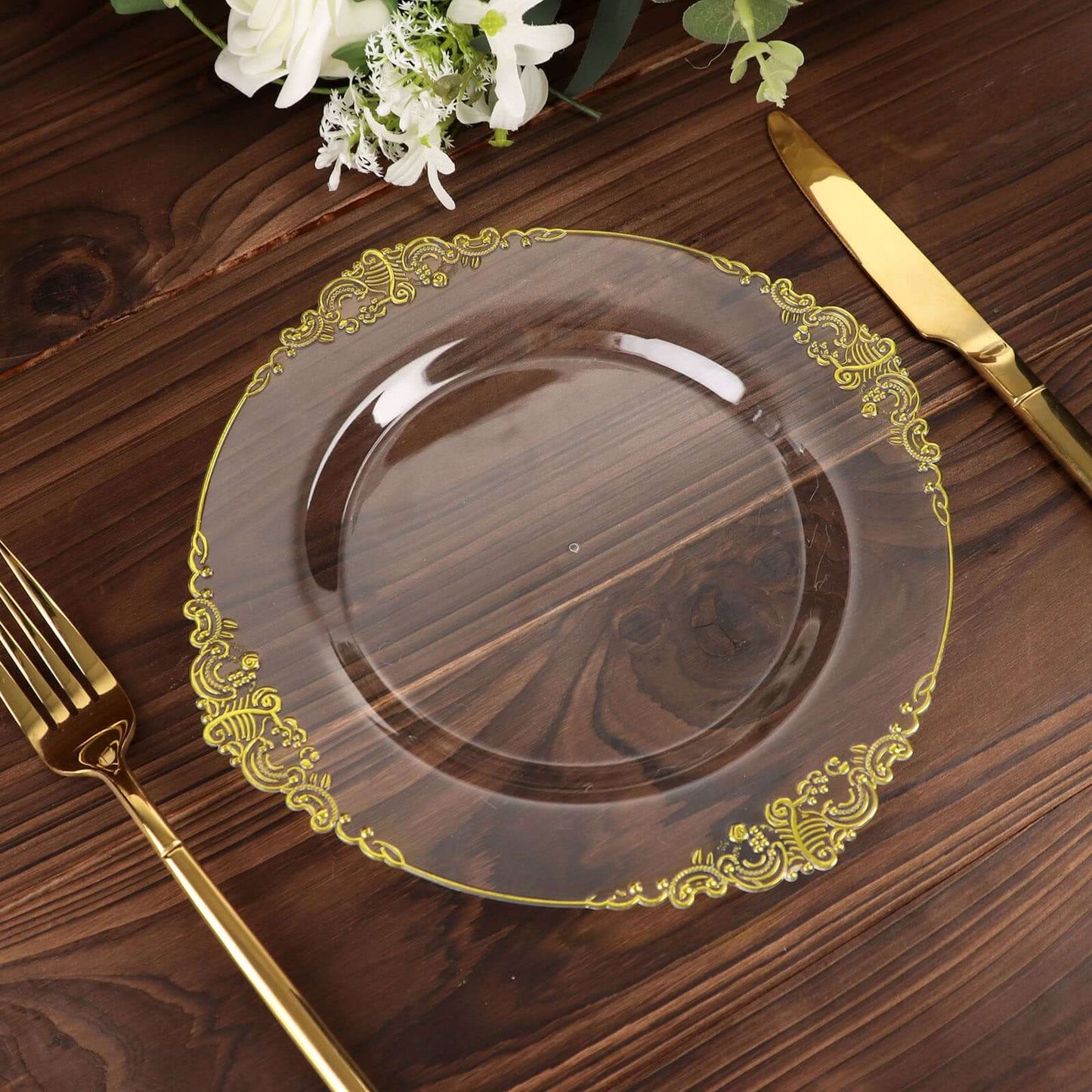 10-Pack Plastic 8" Round Dessert Plates in Clear with Gold Leaf Embossed Rim - Disposable Vintage Baroque Style Salad Plates