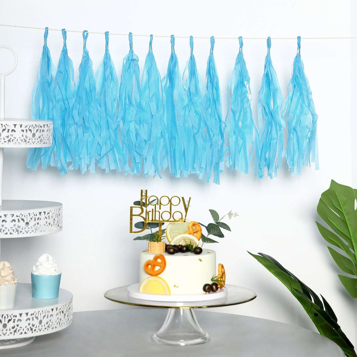 12 Pack Pre-Tied Turquoise Tissue Paper Tassel Garland With String, Hanging Fringe Party Streamer Backdrop Decor