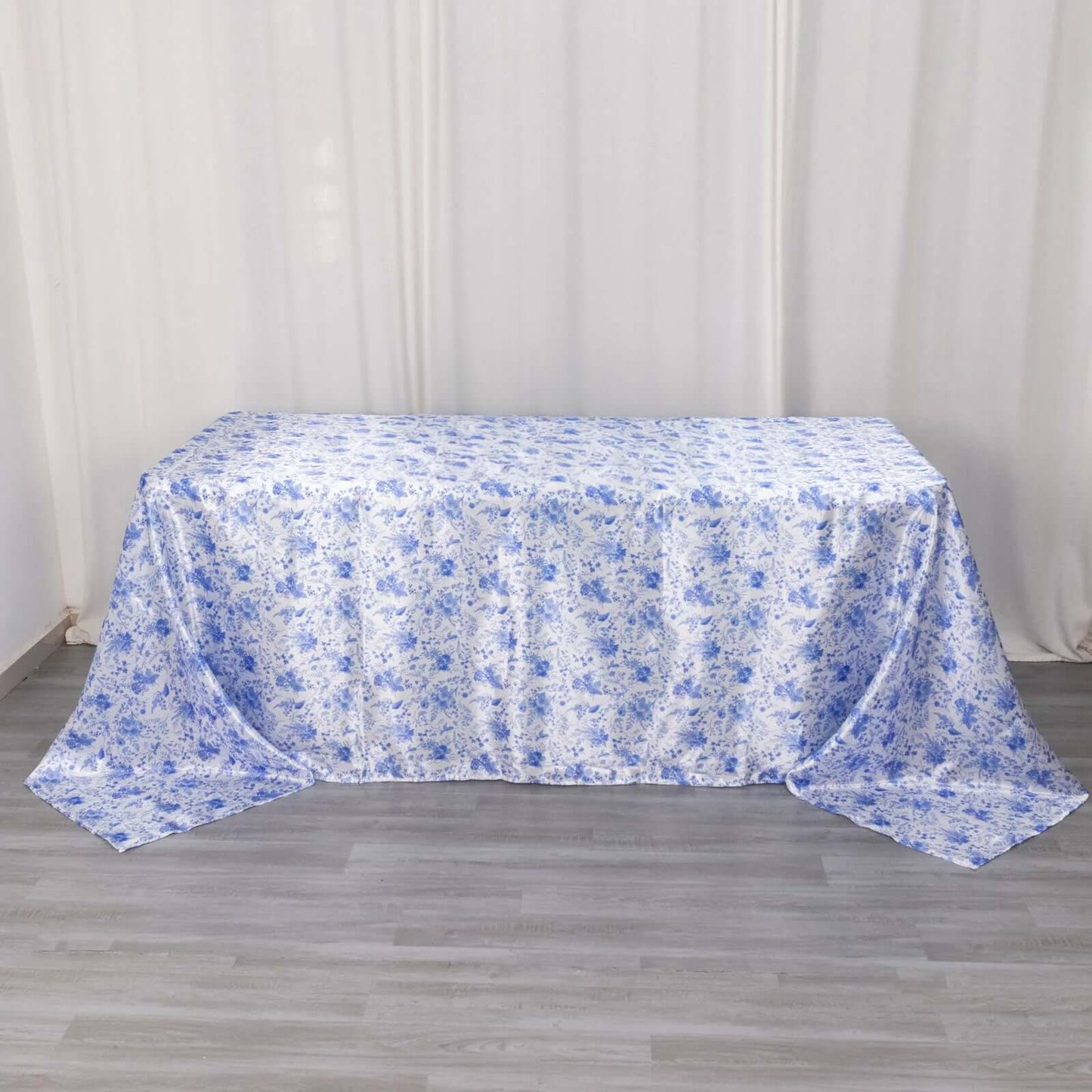 Satin Rectangular 90"x132" Tablecloth White/Blue French Toile Design - Seamless Stylish & Wrinkle-Resistant Table Cover