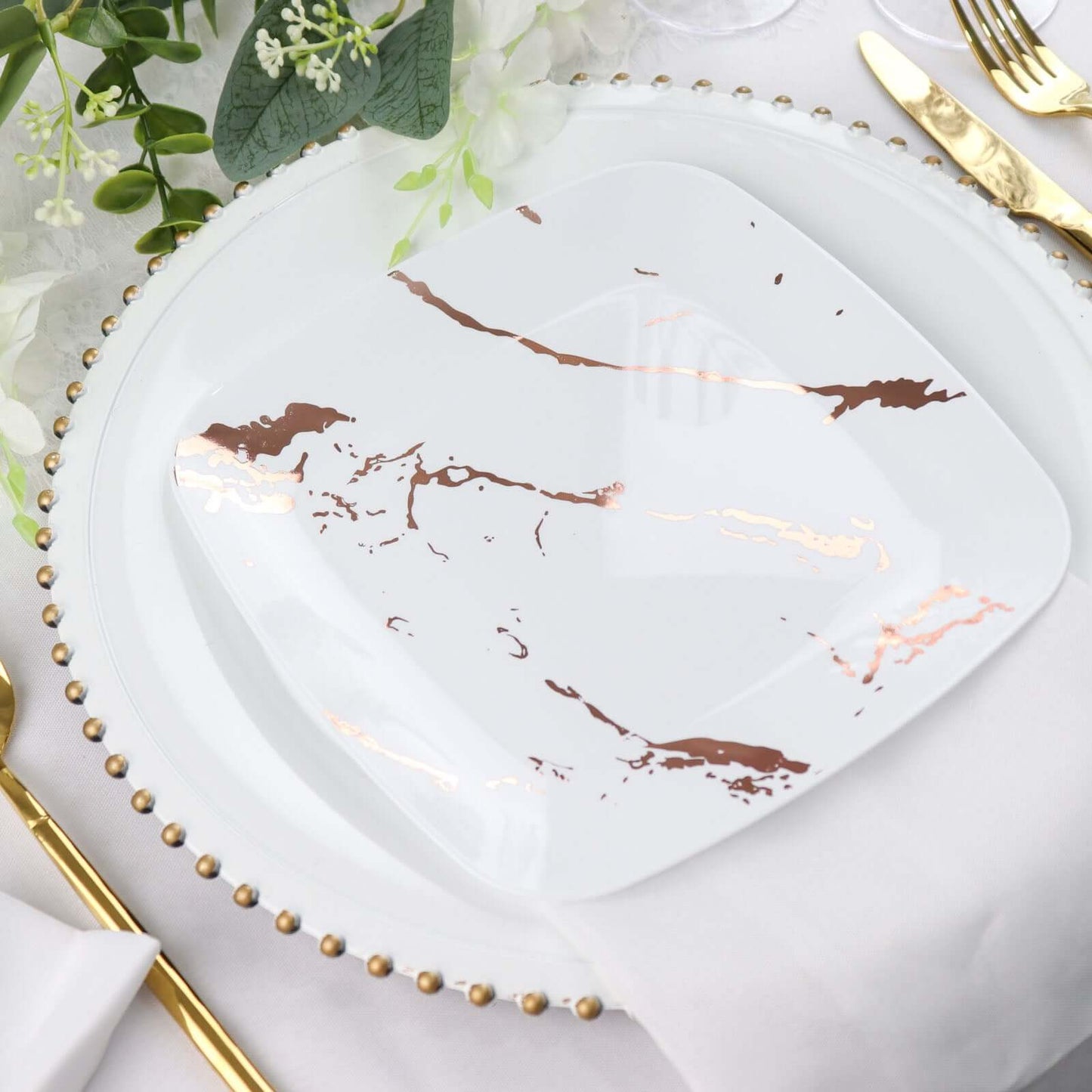 10-Pack Plastic 8" Square Dessert Plates in White with Rose Gold Marble Design - Disposable Appetizer Salad Party Plates