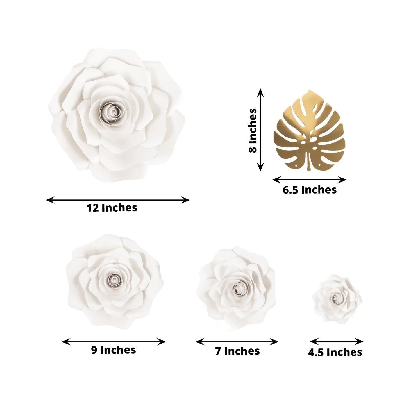 Set of 9 White 3D Rose Paper Flowers with Gold Tropical Palm Leaves, Party Flower Backdrop Hanging Wall Decor