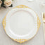 10-Pack Plastic 10" Round Dinner Plates in White with Gold Leaf Embossed Rim - Disposable Vintage Baroque Style Plates for Luxurious Gatherings & Events