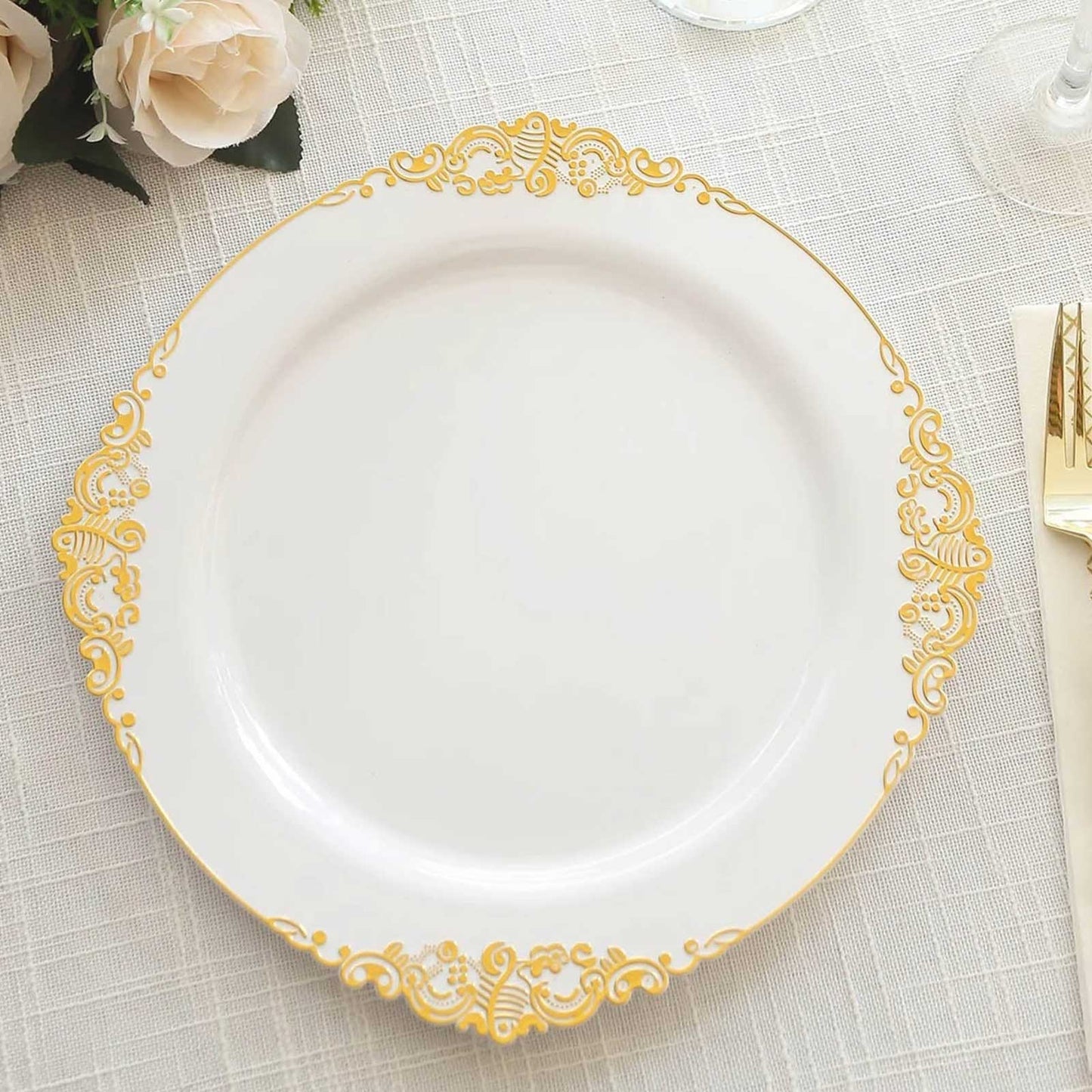 10-Pack Plastic 10" Round Dinner Plates in White with Gold Leaf Embossed Rim - Disposable Vintage Baroque Style Plates for Luxurious Gatherings & Events
