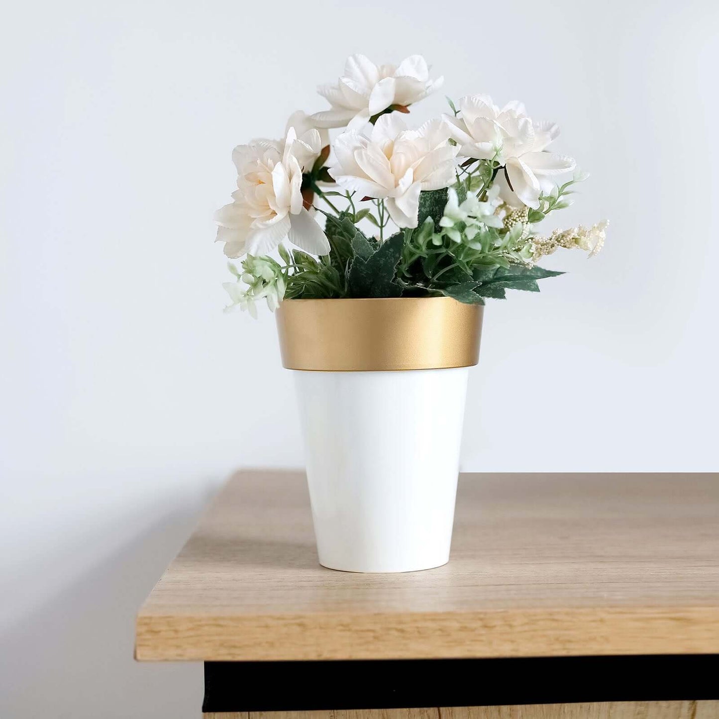 2-Pack Flower Plant Pots Medium Design White with Gold Rim - Plastic Indoor Decorative Planters 6"