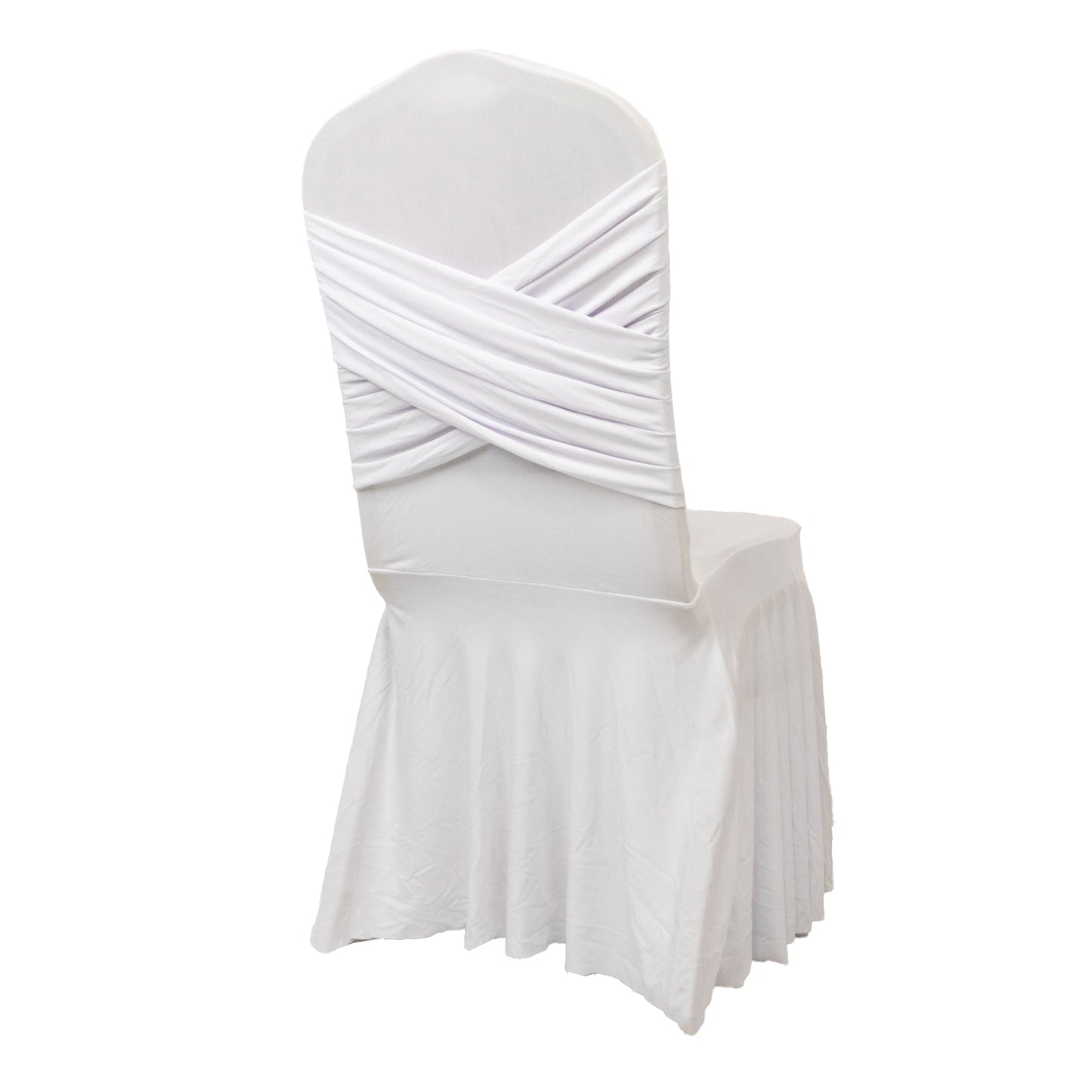 White Spandex Banquet Chair Cover with Ruffle Skirt & Cross Back Sash â€“ Stretch Slipcover for Events