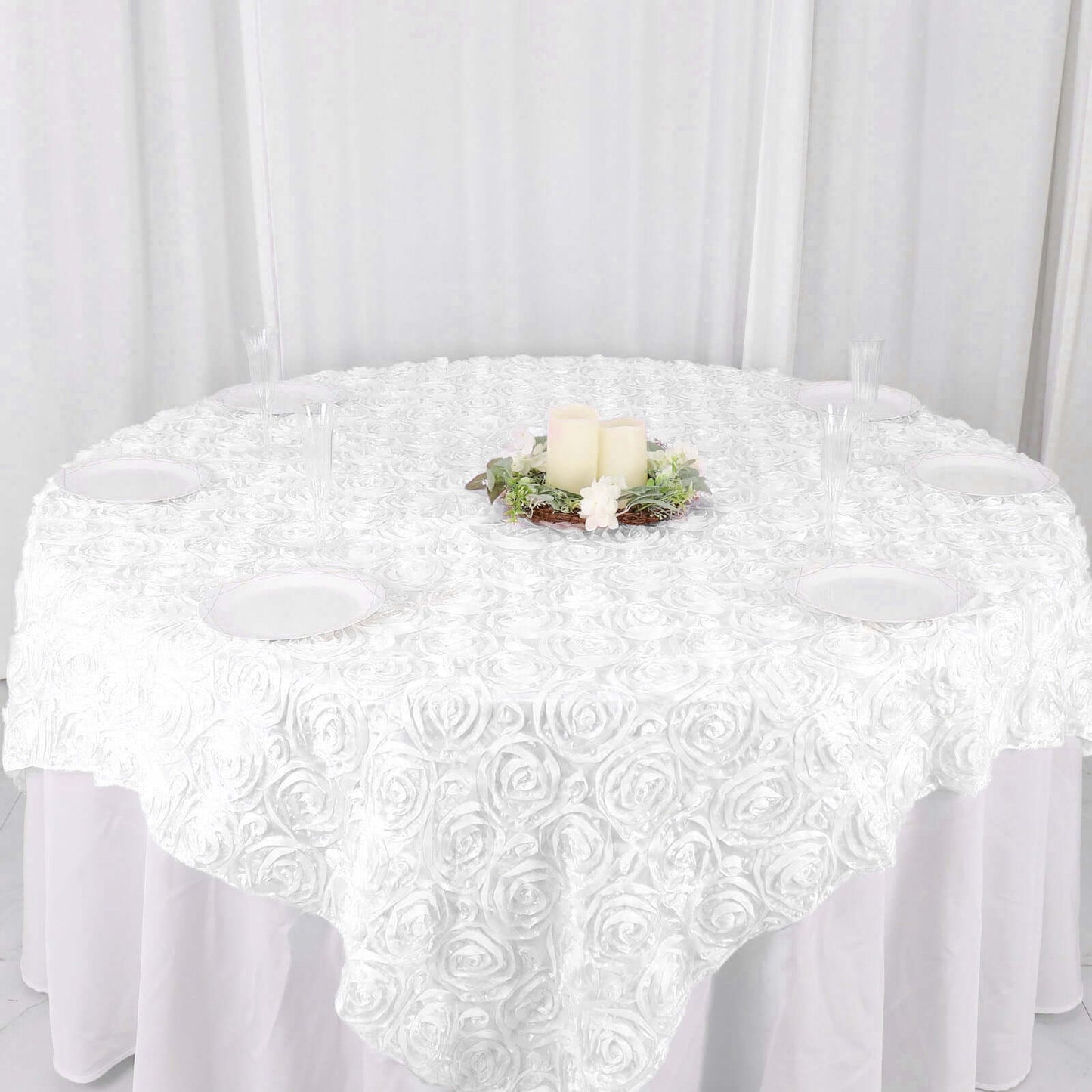 Satin 72"x72" Table Overlay Square Tablecloth White - 3D Rosette Design for Stylish Occasions