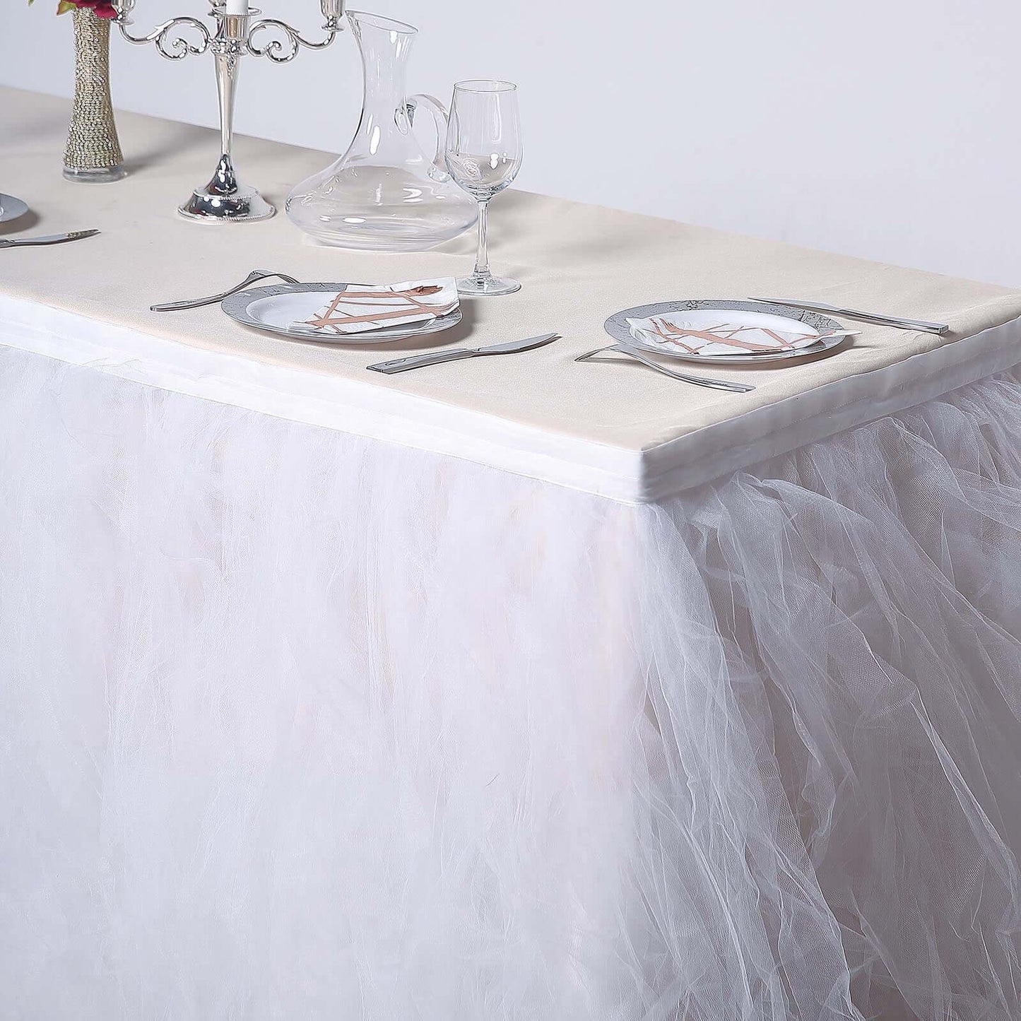 Tulle 14ft Table Skirt White - 4 Layer Pleated Tutu Chic & Soft Event Table Cover
