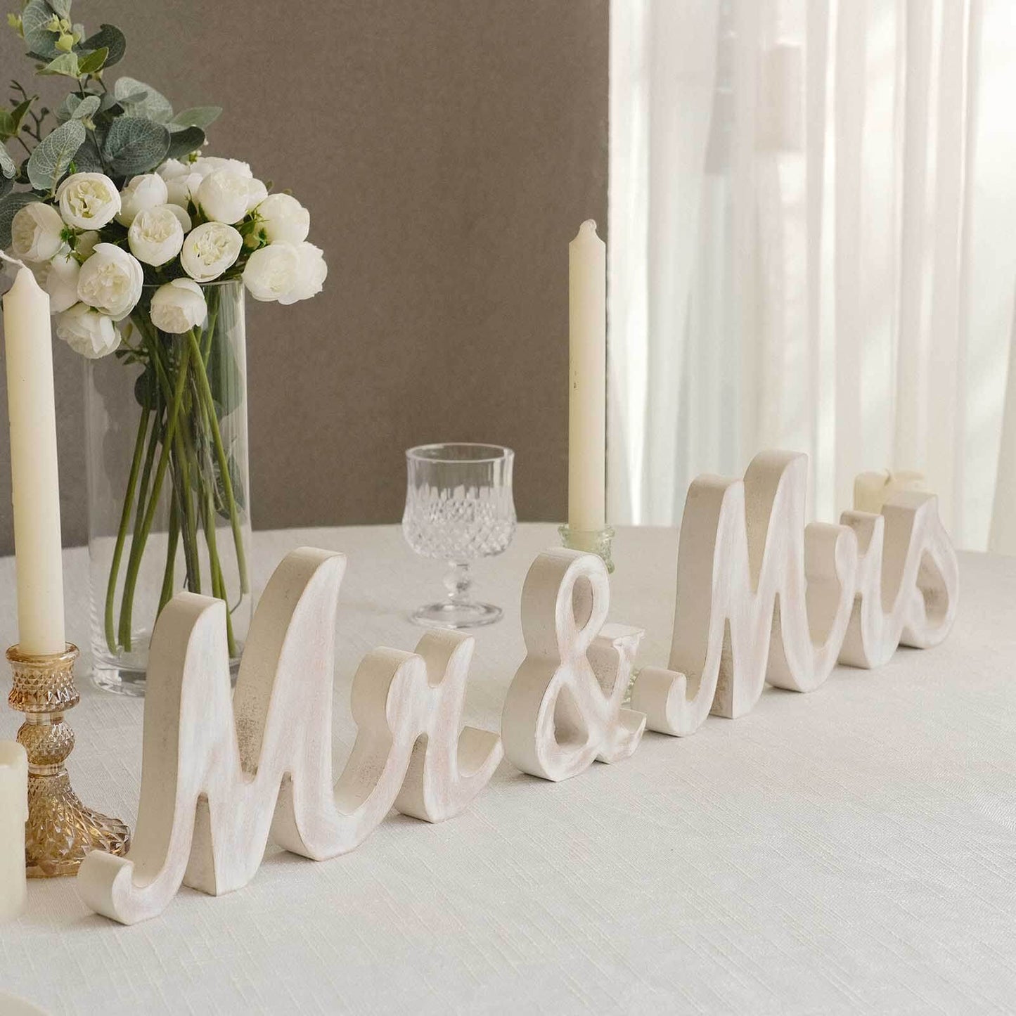 Wooden "Mr & Mrs" Freestanding Letters Whitewashed - Rustic Farmhouse Wedding Table Display Signs
