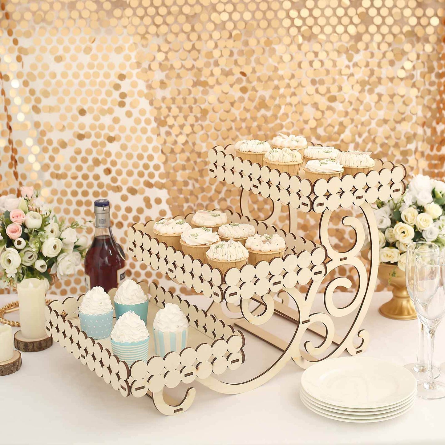 3-Tier Wooden Dessert Display Rectangular Laser Cutout Design Natural - Serving Platter Cupcake Mini Cake Tray 22"