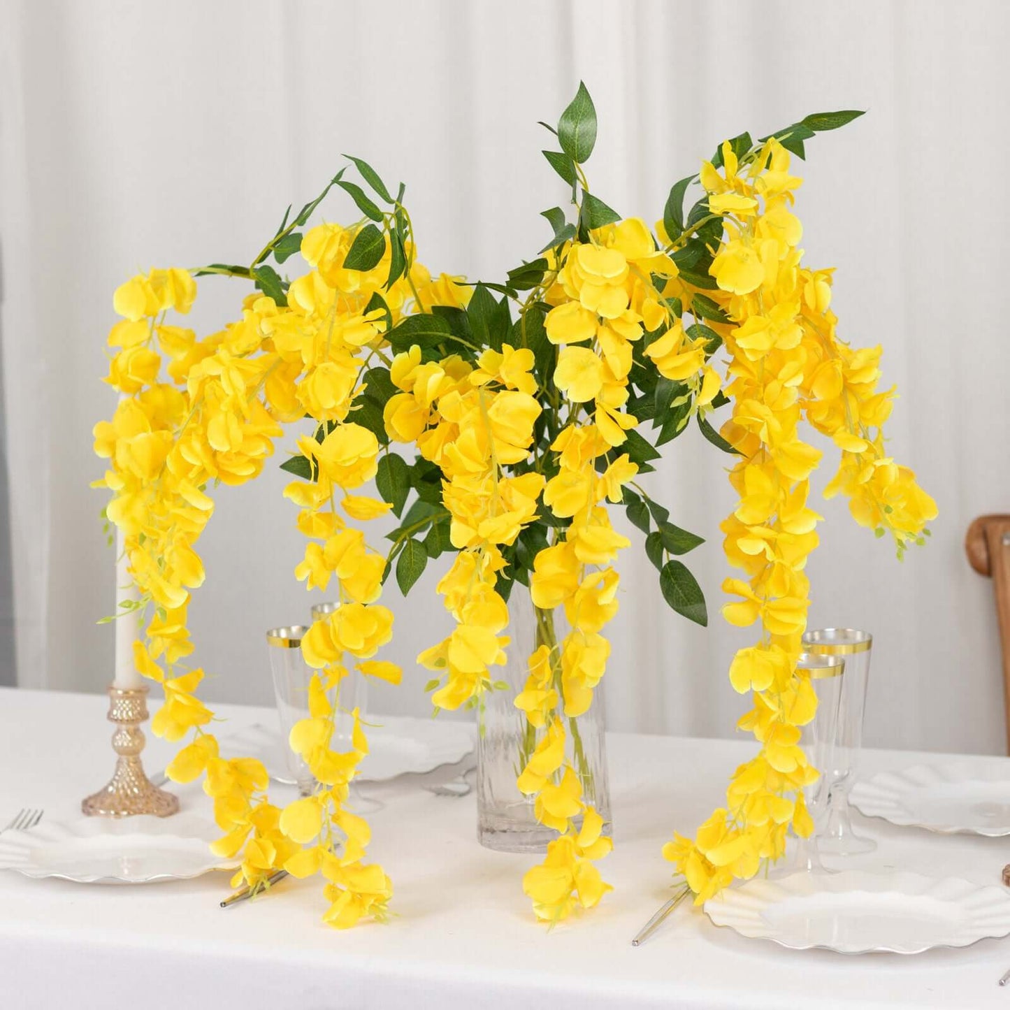 5 Pack 44" Silk Hanging Wisteria Flower Garland Vines in Yellow, 3 Strands in 1 Bush