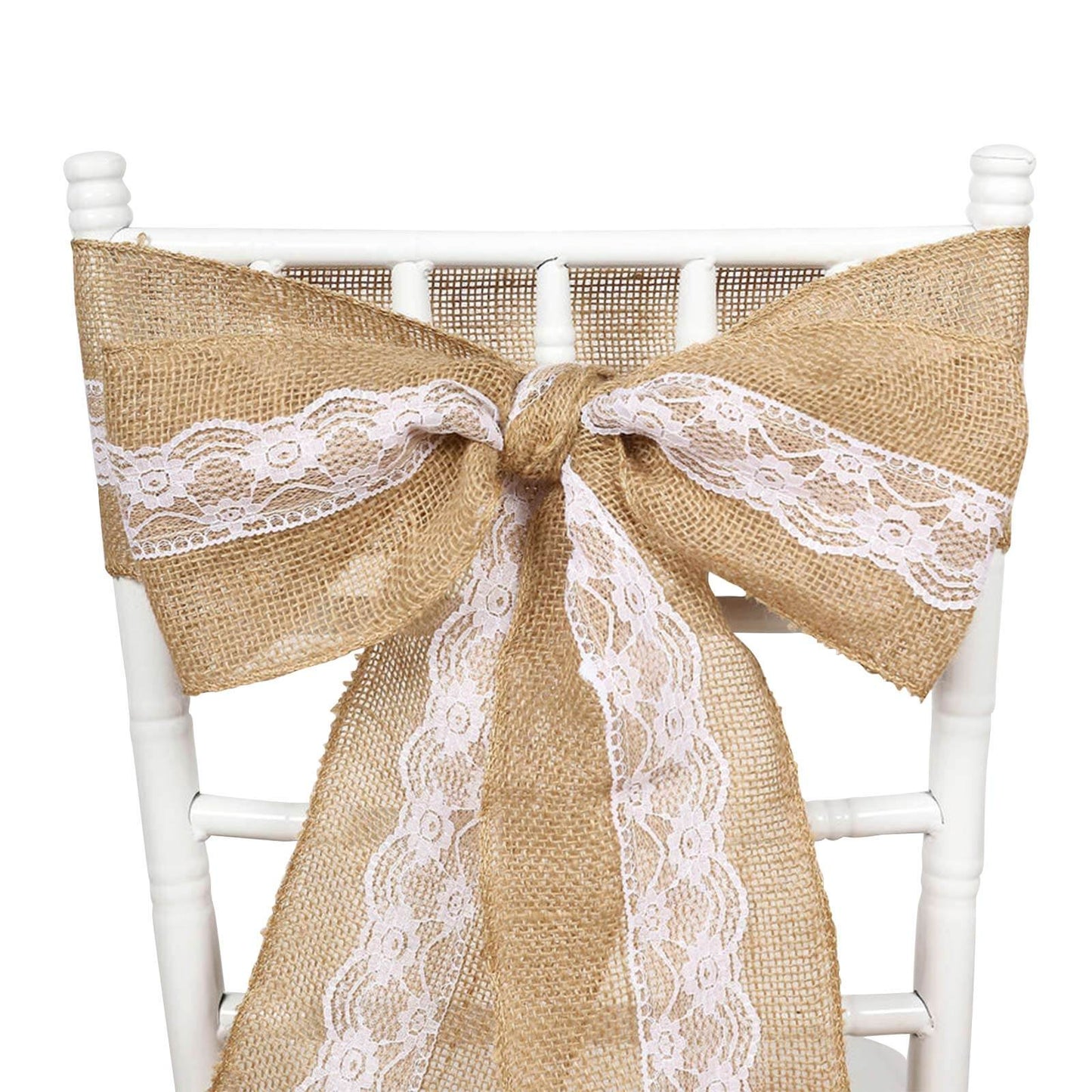 Natural Burlap Chair Sash 5"x108" with Lace Hessian Jute - Rustic Bow Design for Weddings & Gatherings