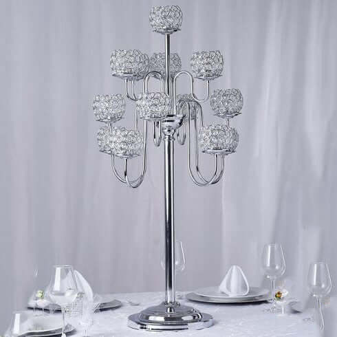 Metal Crystal Beaded Candelabra Silver 13 Arm Design - Table Centerpiece for Events 40"