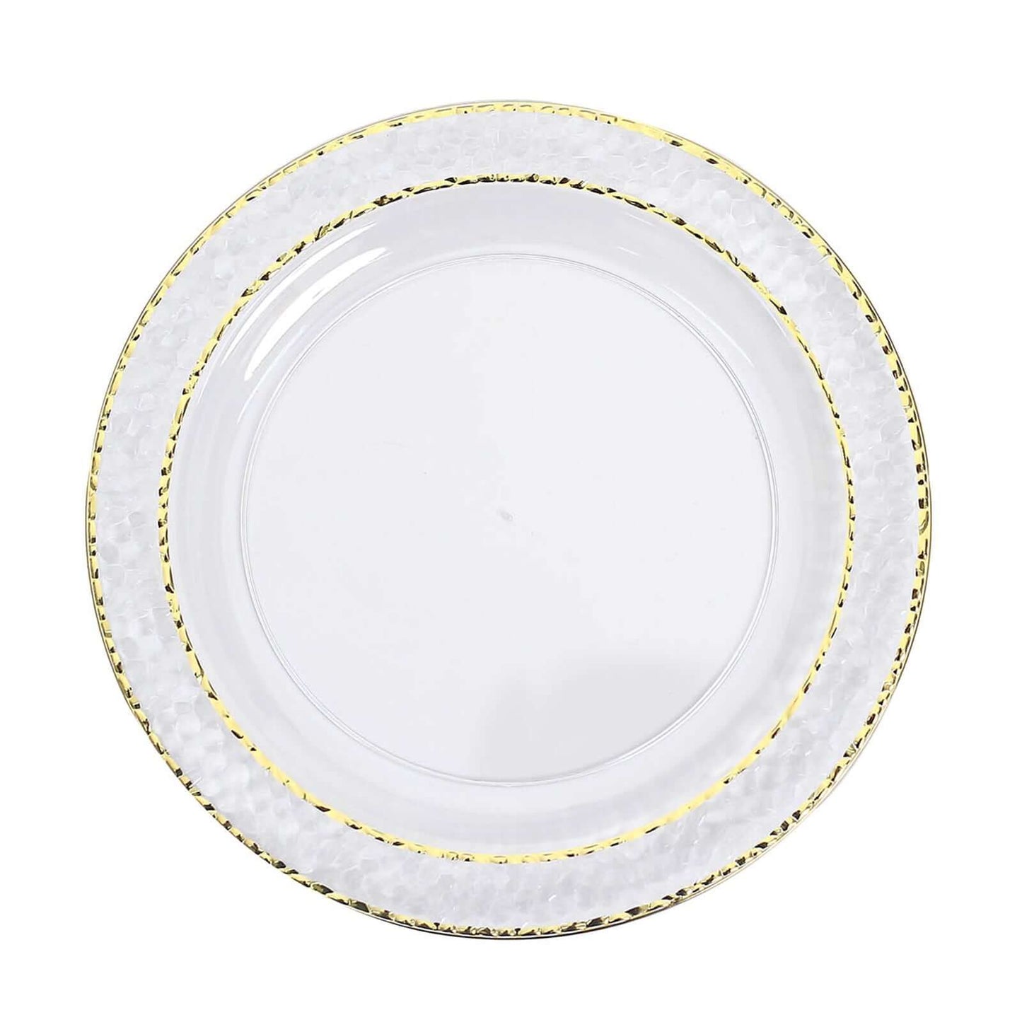 10-Pack Plastic 7.5" Round Appetizer Plates in Clear Hammered Design with Gold Rim - Disposable Salad Plates for Chic Banquets & Special Occasions