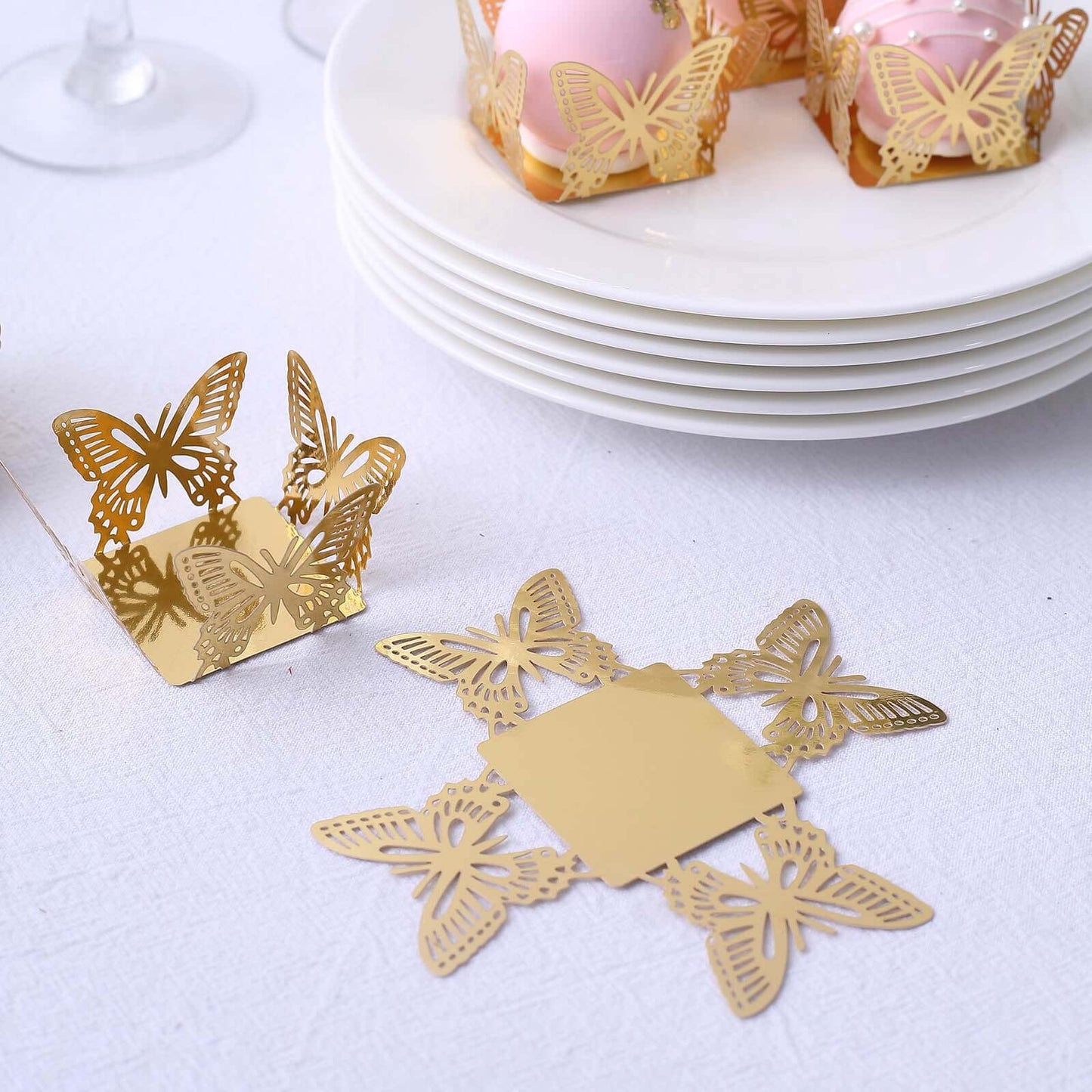 50-Pack Mini Paper Truffle Cup Liners Butterfly Square Design Metallic Gold - 225GSM Cupcake Tray Wrappers 4"