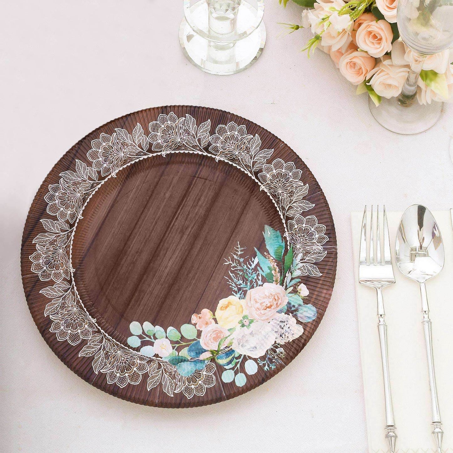 25-Pack Paper 8" Round Dessert Plates in Brown Wood Print with Floral Lace Rim - Disposable Salad Appetizer Plates for Farmhouse Events & Rustic Themes