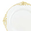 10-Pack Plastic 8" Round Dessert Plates in White with Gold Leaf Embossed Rim - Disposable Vintage Baroque Style Salad Plates for Luxurious Gatherings & Events