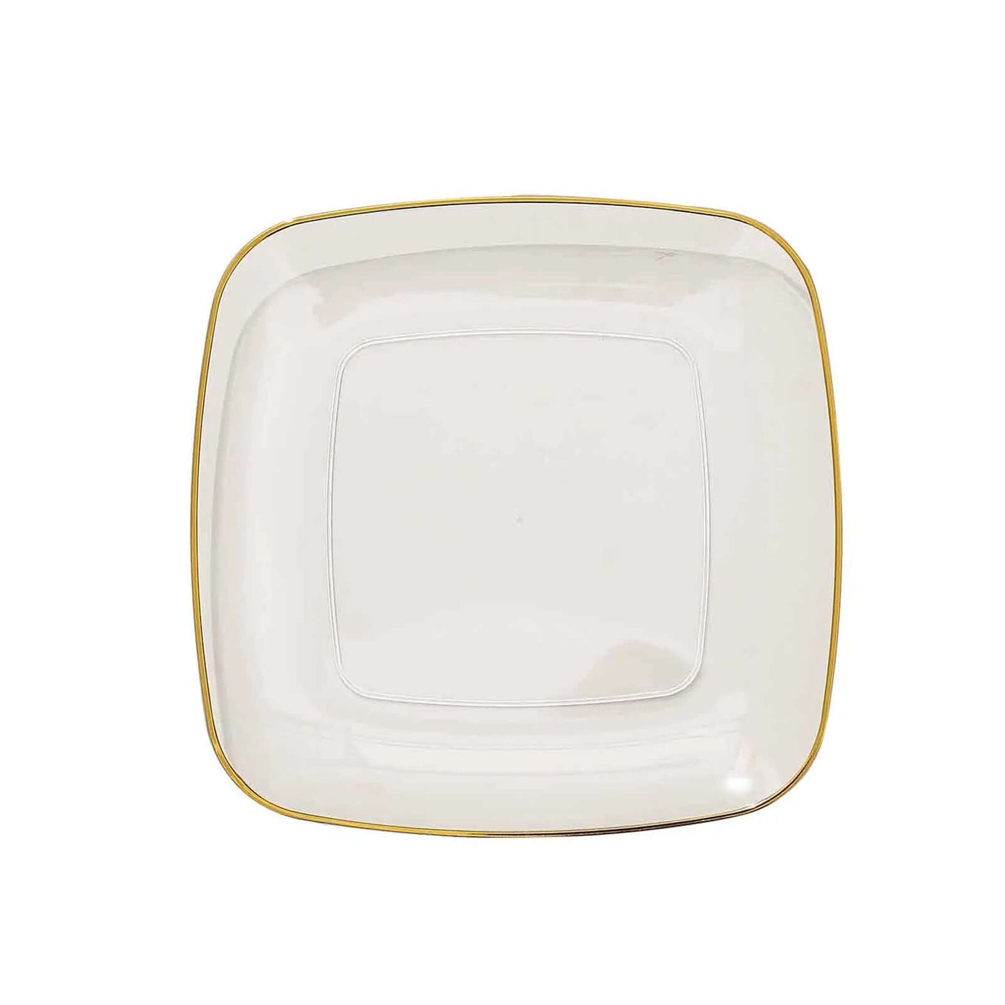 10-Pack Plastic 7" Square Dessert Plates in Clear with Gold Rim - Classy Disposable Appetizer Salad Plates