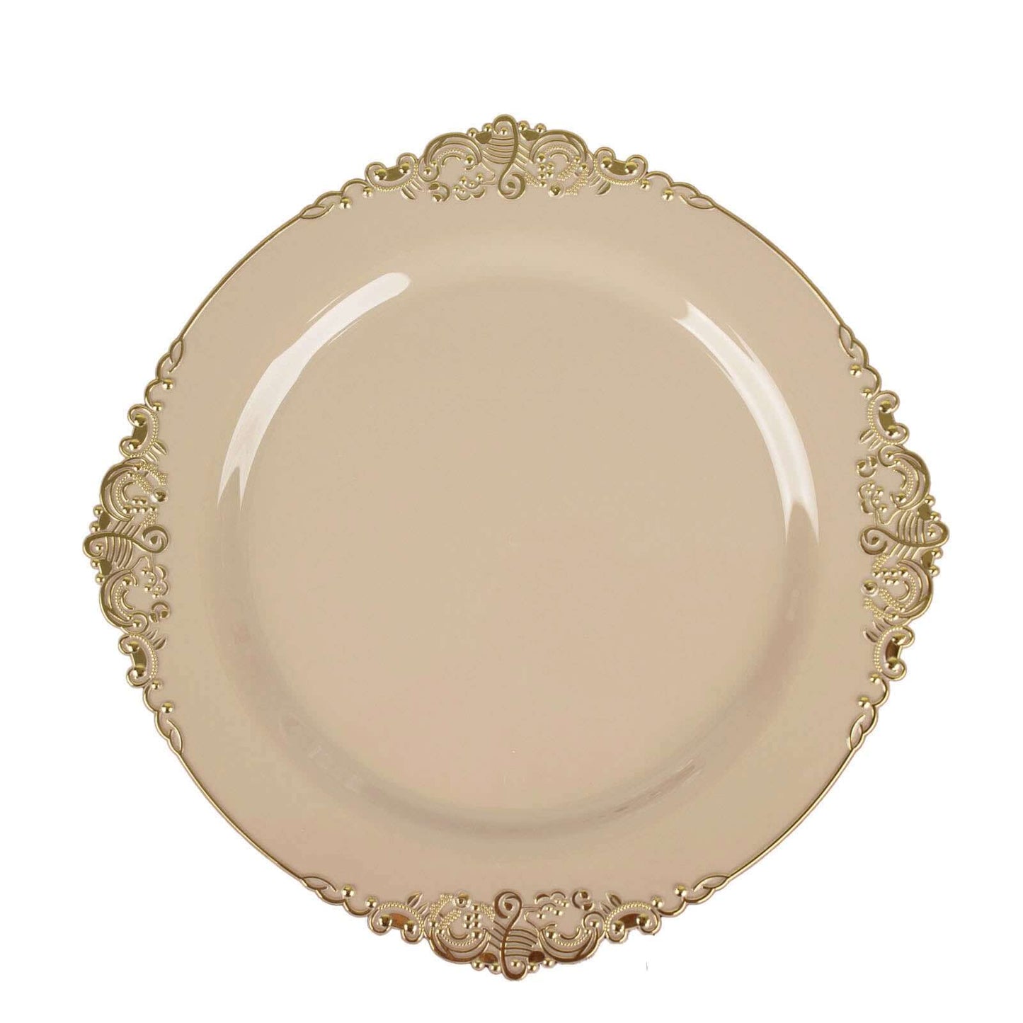 10-Pack Plastic 8" Round Dessert Plates in Taupe with Gold Leaf Embossed Rim - Disposable Vintage Baroque Style Salad Plates