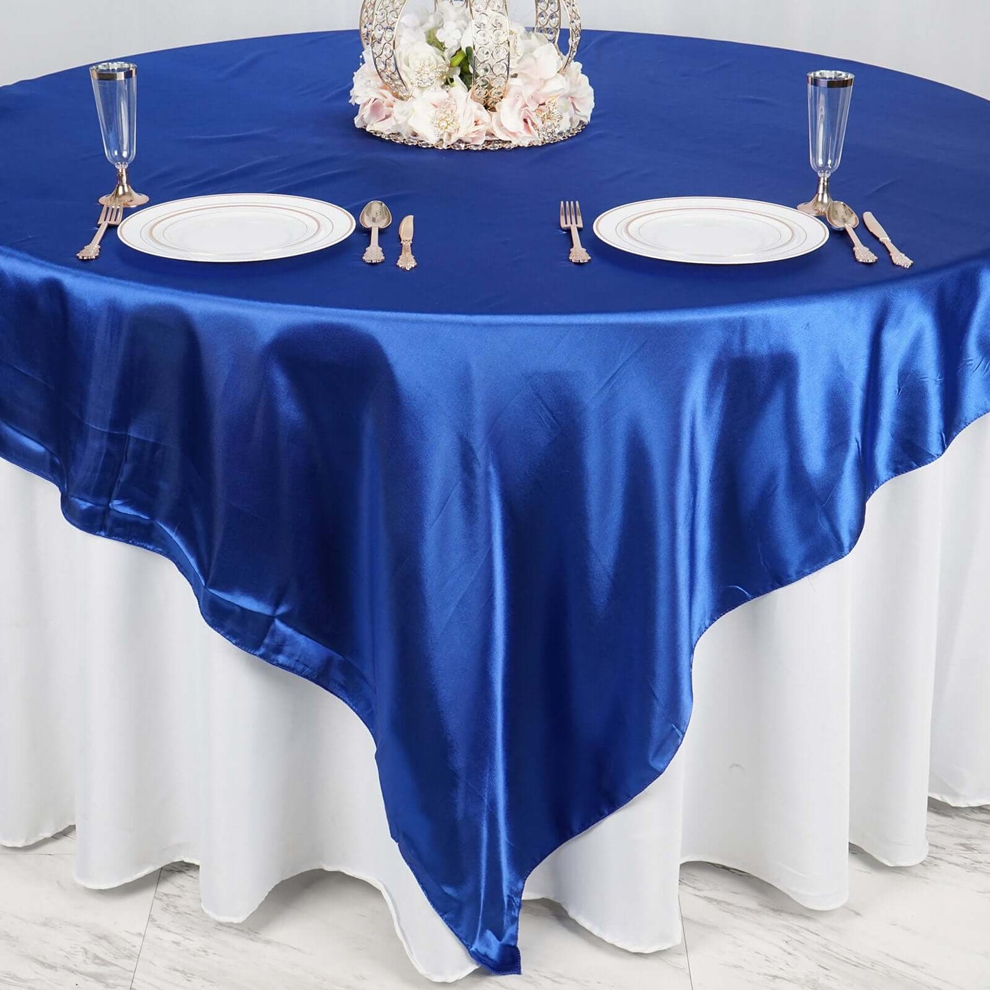 Satin 90"x90" Table Overlay Square Tablecloth Royal Blue - Smooth Finish Table Topper