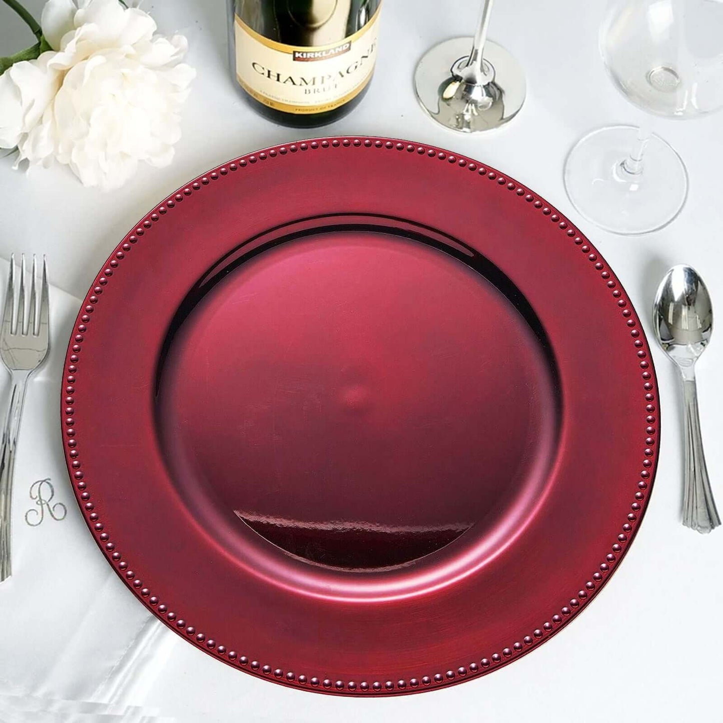 6-Pack Acrylic Round Charger Plates 13" in Burgundy with Beaded Rim, Dinner Charger Event Tabletop Decor