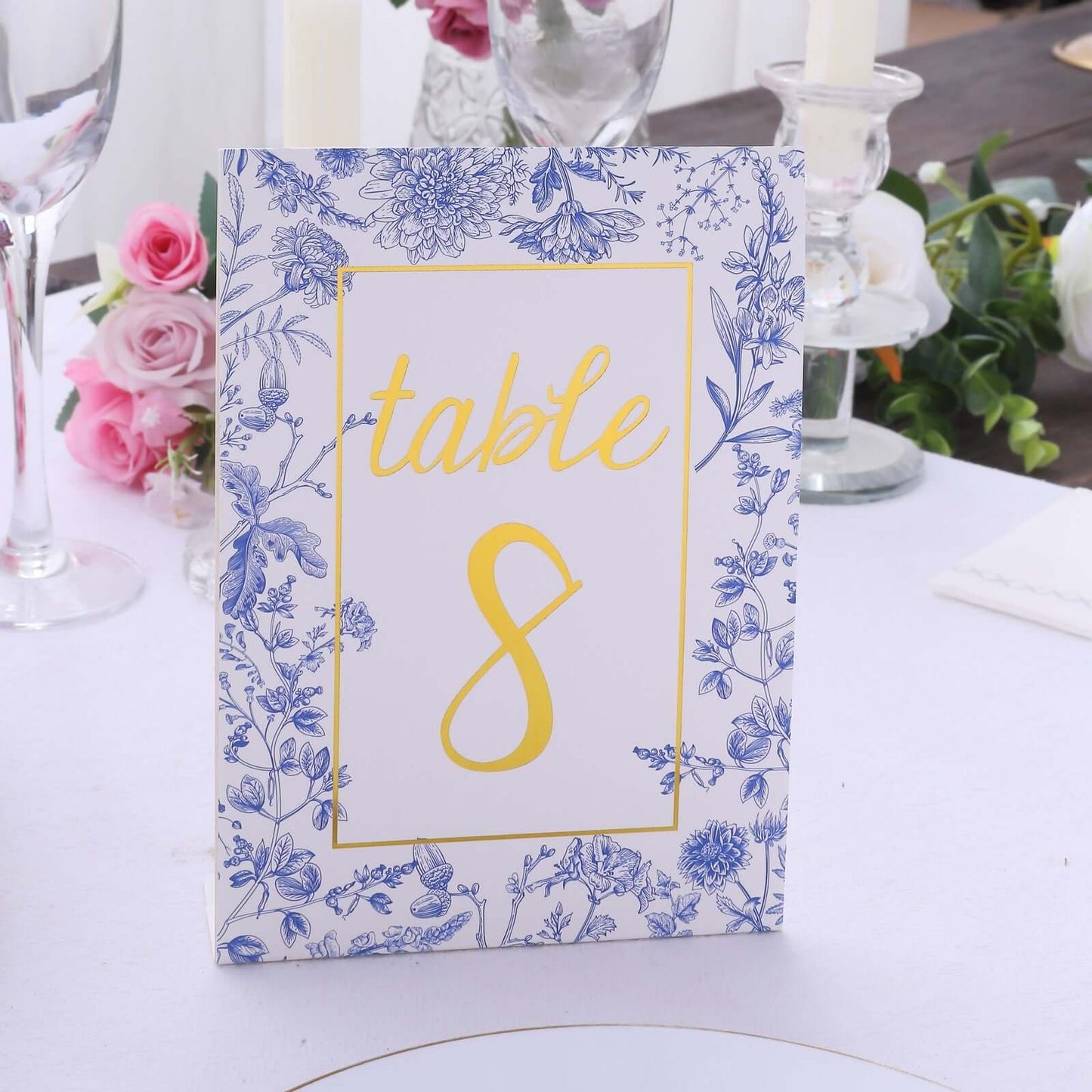 25-Pack Paper Wedding Table Numbers 1-25 White/Blue French Toile Design - Free Standing Double Sided Table Signs with Glam Gold Foil Numbers 7"