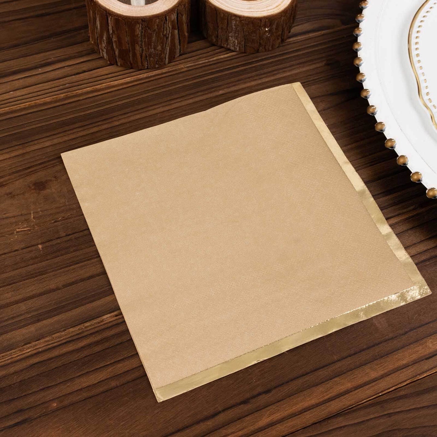 50-Pack Paper Beverage Napkins with Gold Foil Edge Natural - Disposable 2 Ply Cocktail Napkins for Events 6.5"x6.5"