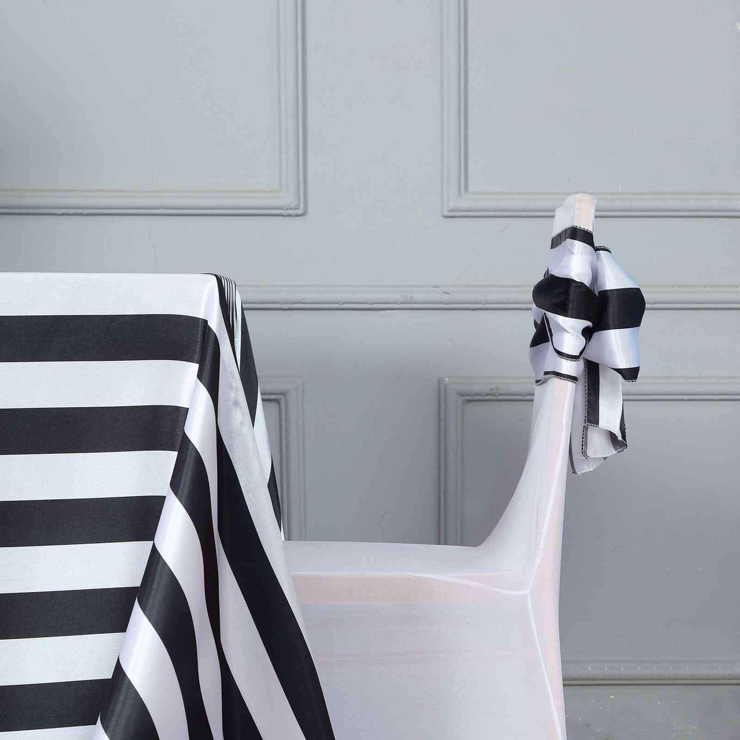 5 Pack Satin 6"x108" Chair Sashes Black/White Stripes - Sophisticated Decor for Weddings & Gatherings