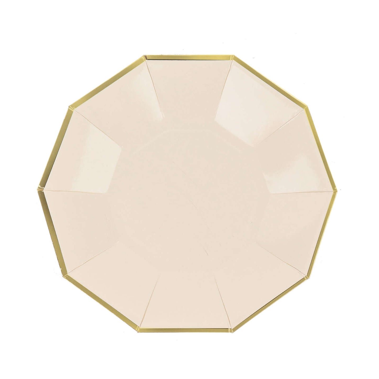 25-Pack Paper 7" Decagon Appetizer Plates in Beige with Gold Foil Rim